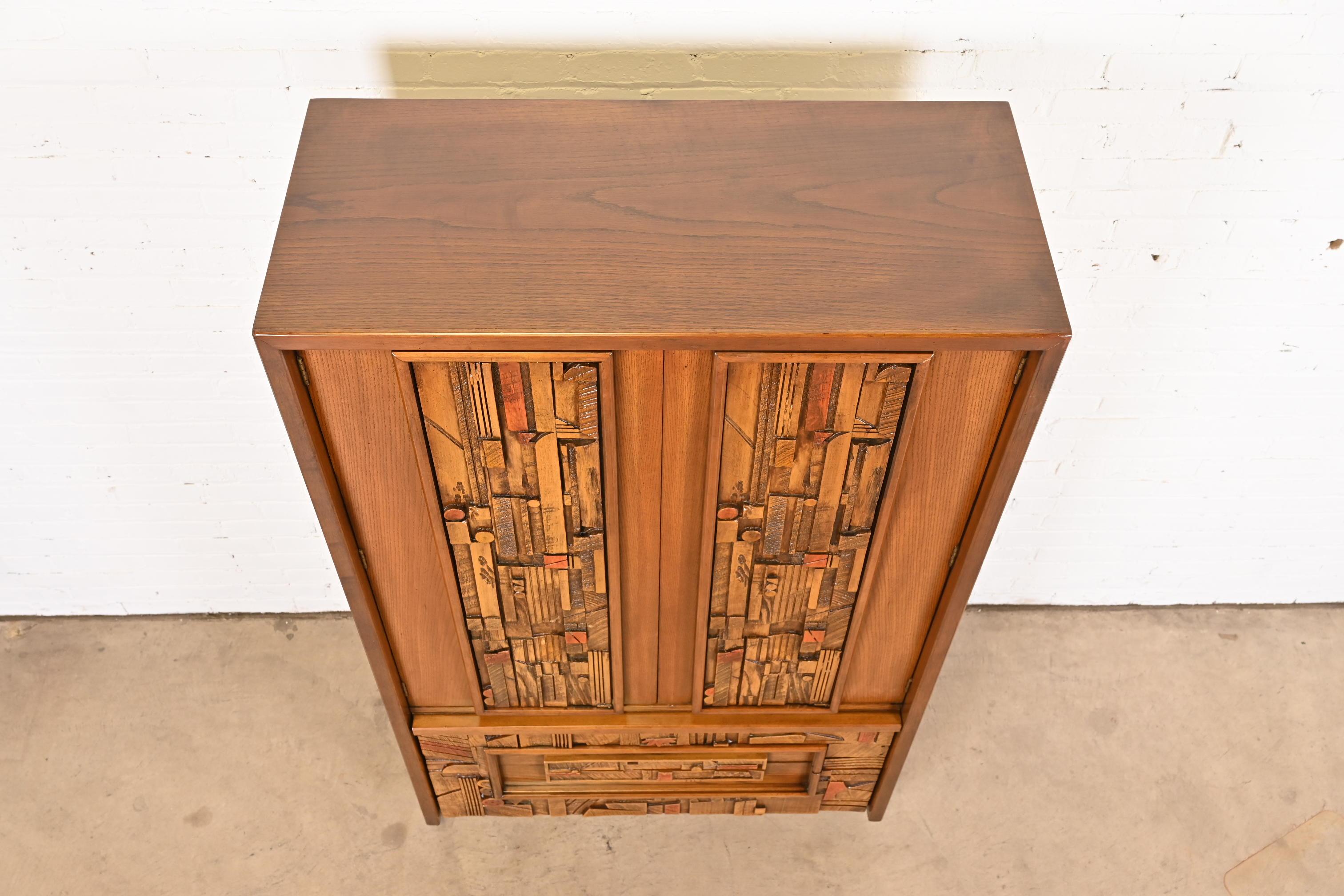 Paul Evans Style Lane Pueblo Brutalist Mid-Century Modern Oak Armoire Dresser 8