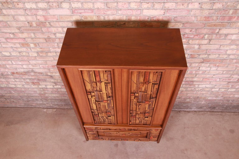 Paul Evans Style Lane Pueblo Brutalist Mid-Century Modern Oak Armoire Dresser For Sale 9