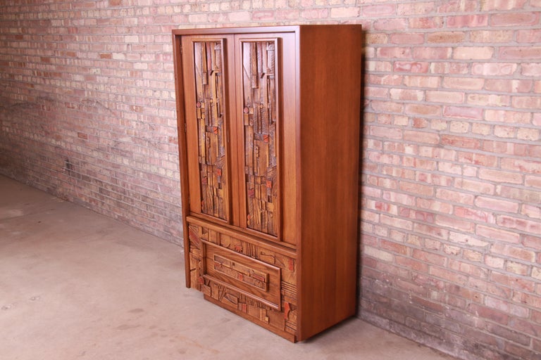 American Paul Evans Style Lane Pueblo Brutalist Mid-Century Modern Oak Armoire Dresser For Sale