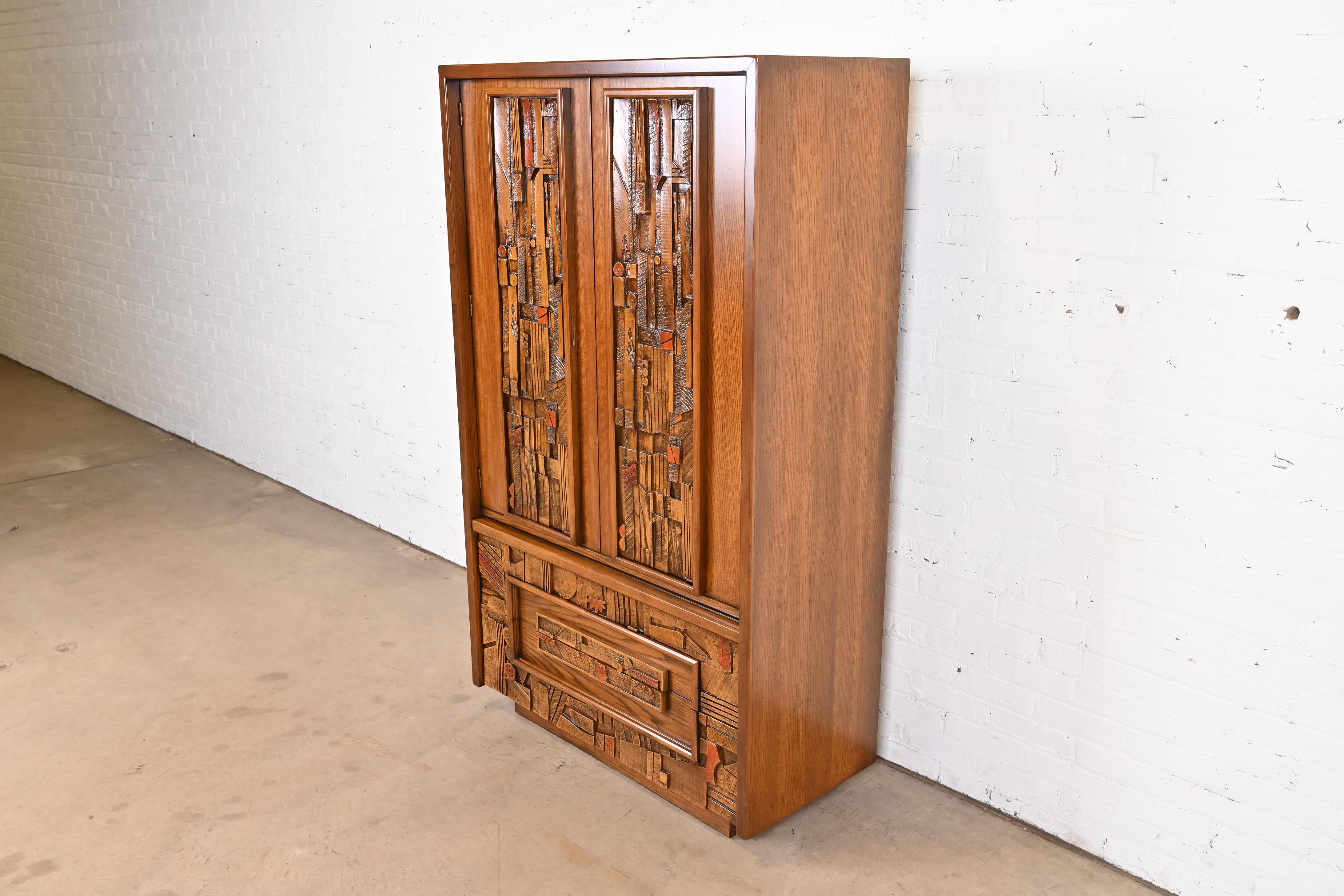 American Paul Evans Style Lane Pueblo Brutalist Mid-Century Modern Oak Armoire Dresser