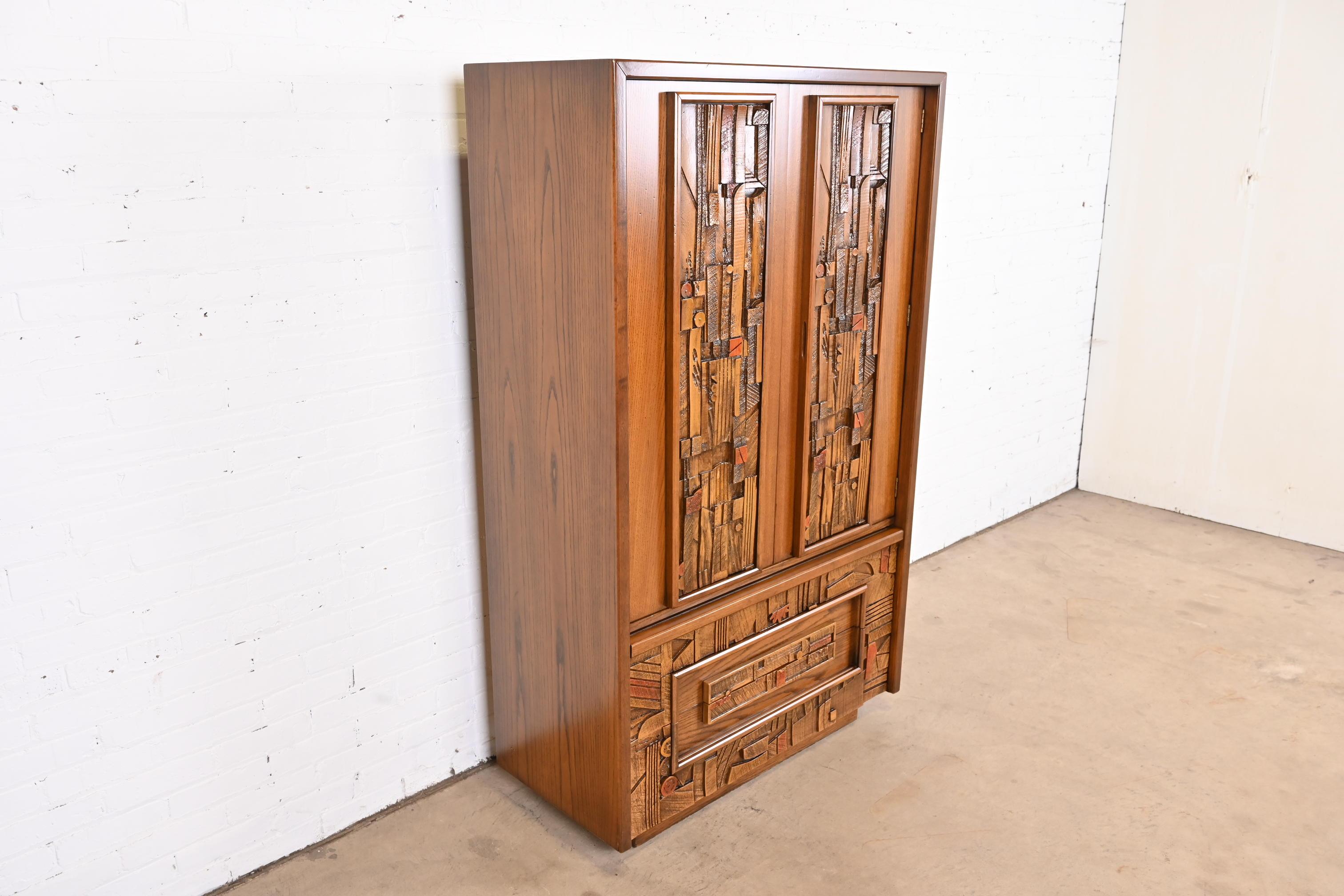 Late 20th Century Paul Evans Style Lane Pueblo Brutalist Mid-Century Modern Oak Armoire Dresser