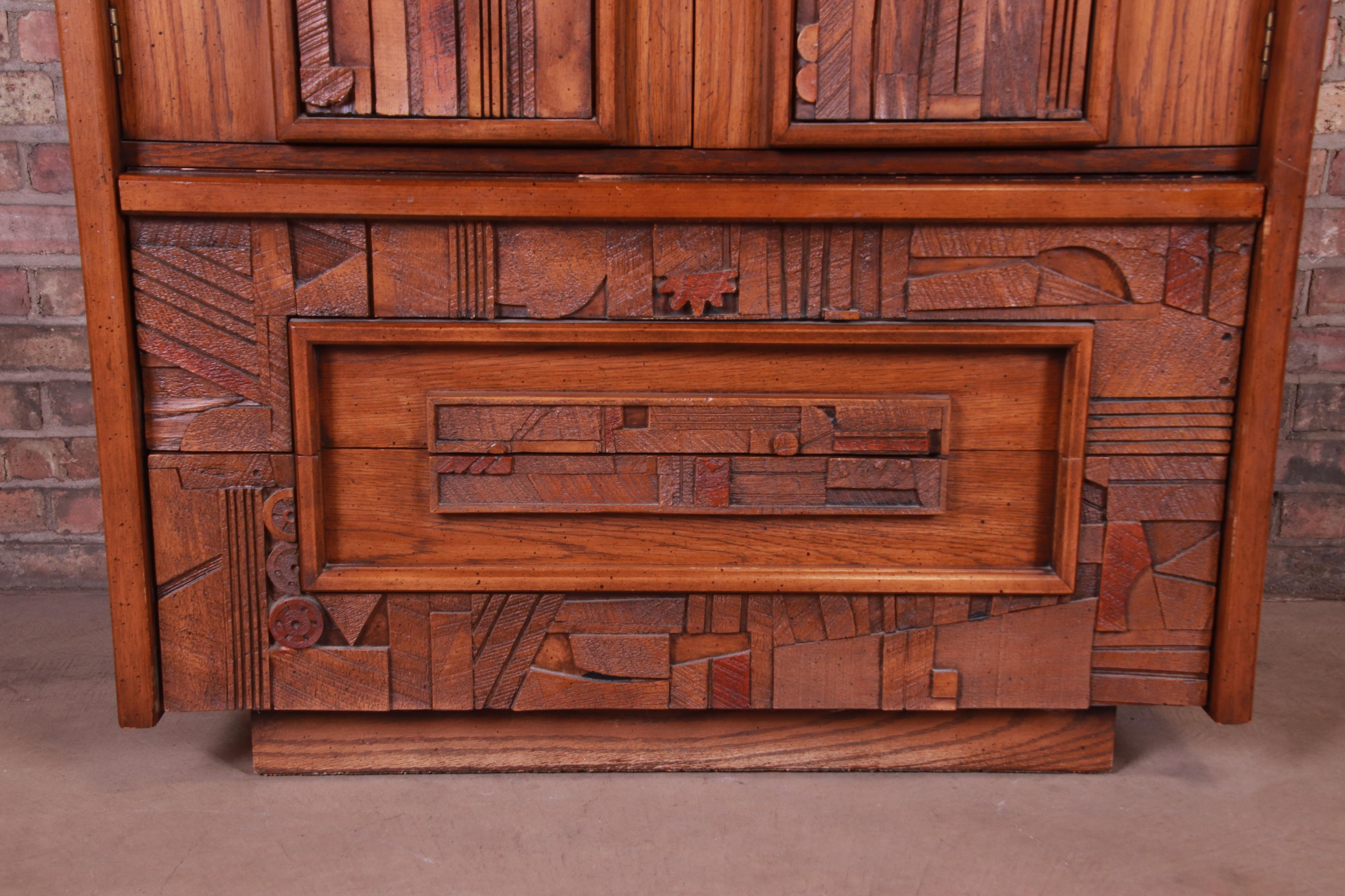 American Paul Evans Style Lane Pueblo Brutalist Mid-Century Modern Oak Armoire Dresser