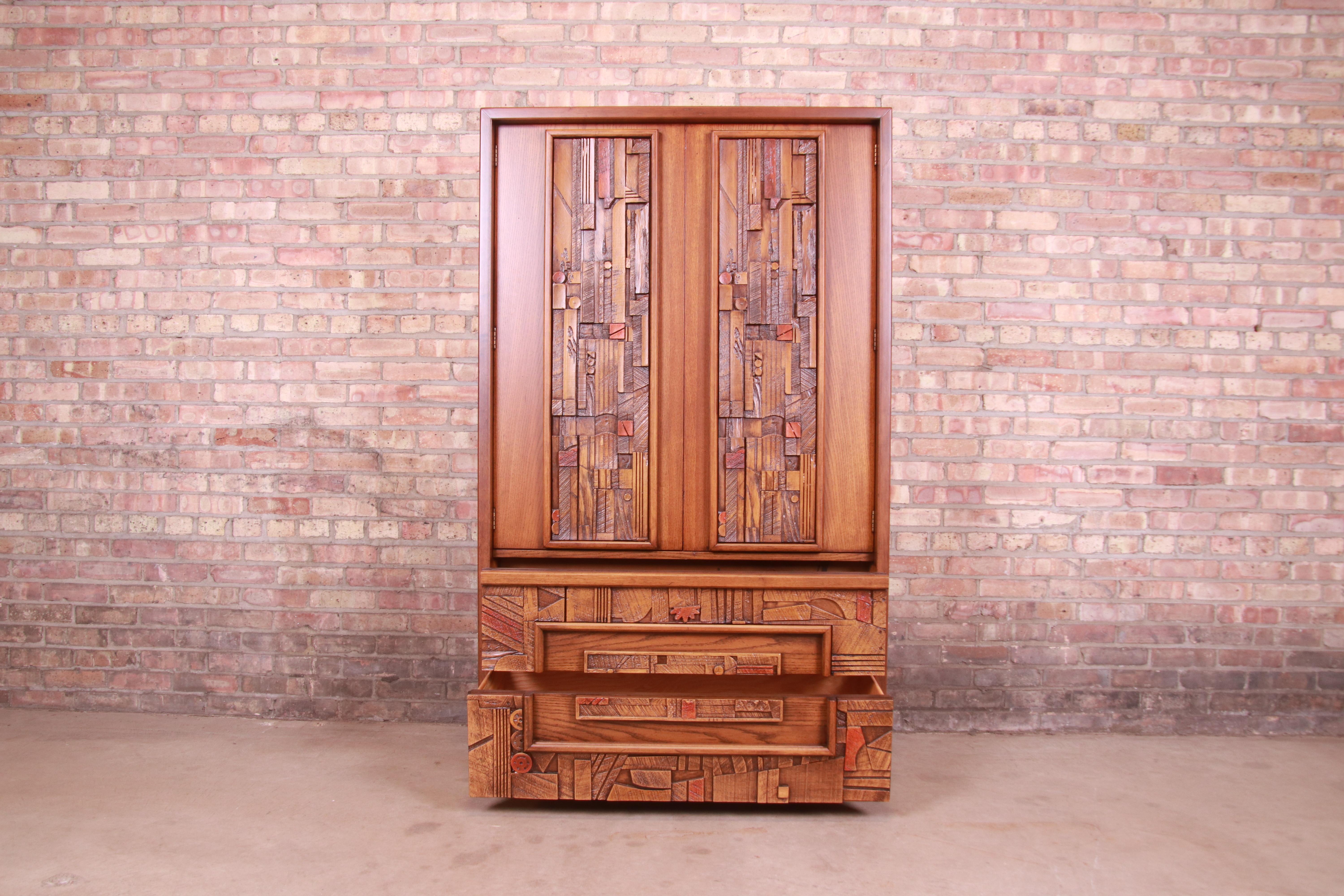 Paul Evans Style Lane Pueblo Brutalist Mid-Century Modern Oak Armoire Dresser 2