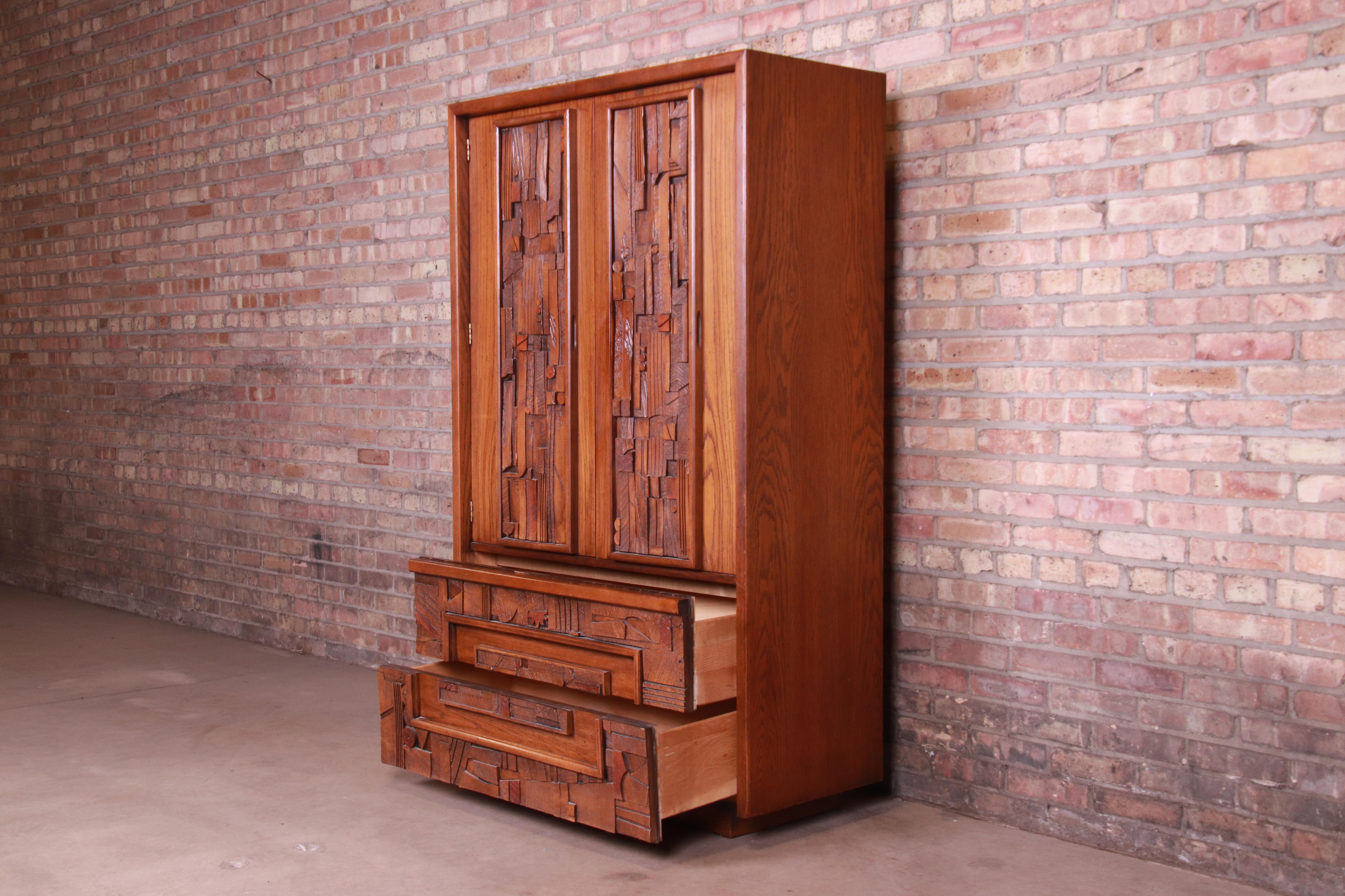 Paul Evans Style Lane Pueblo Brutalist Mid-Century Modern Oak Armoire Dresser 1