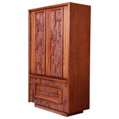 Paul Evans Style Lane Pueblo Brutalist Mid-Century Modern Oak Armoire Dresser