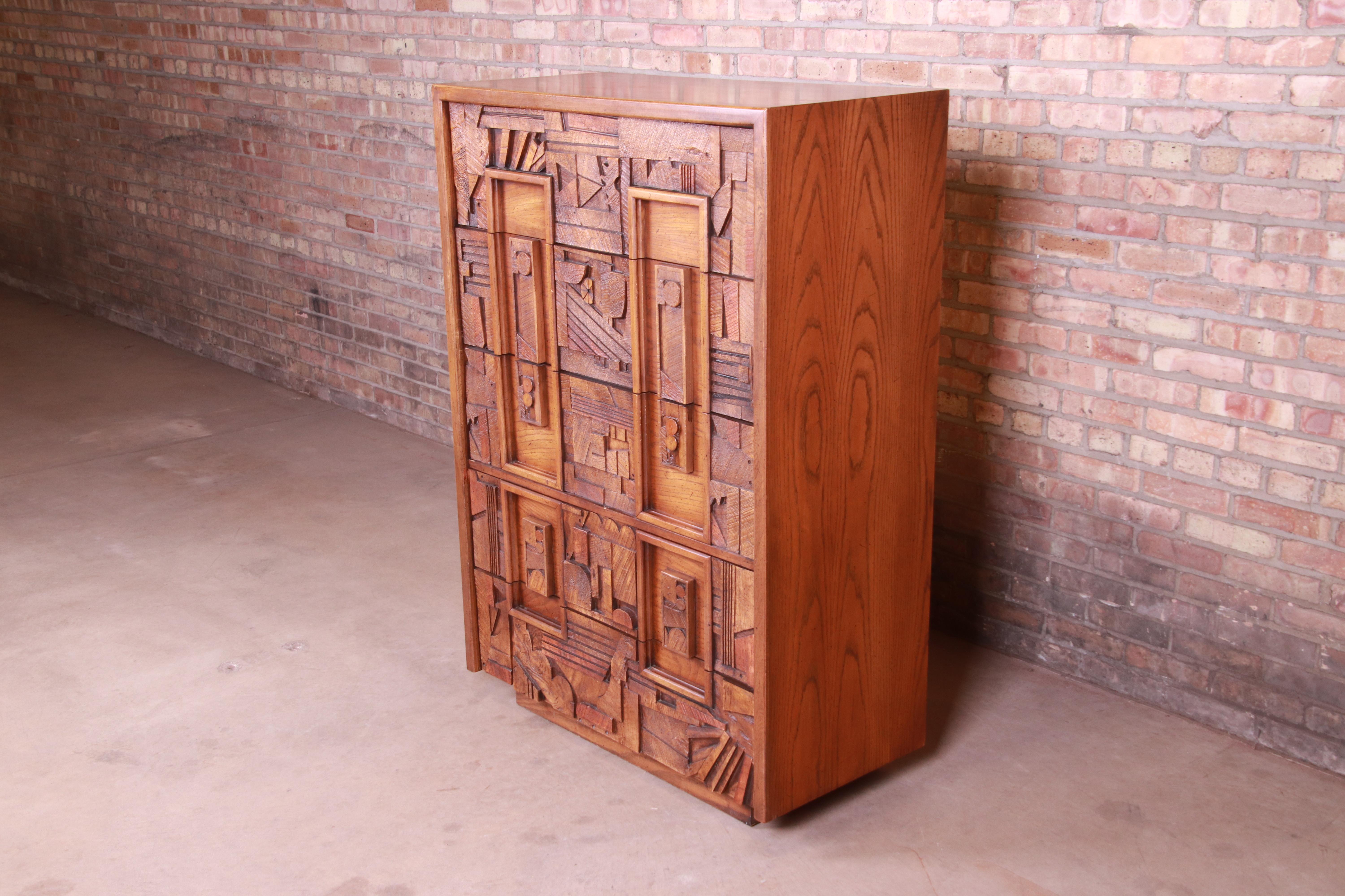 American Paul Evans Style Lane Pueblo Brutalist Mid-Century Modern Oak Highboy Dresser