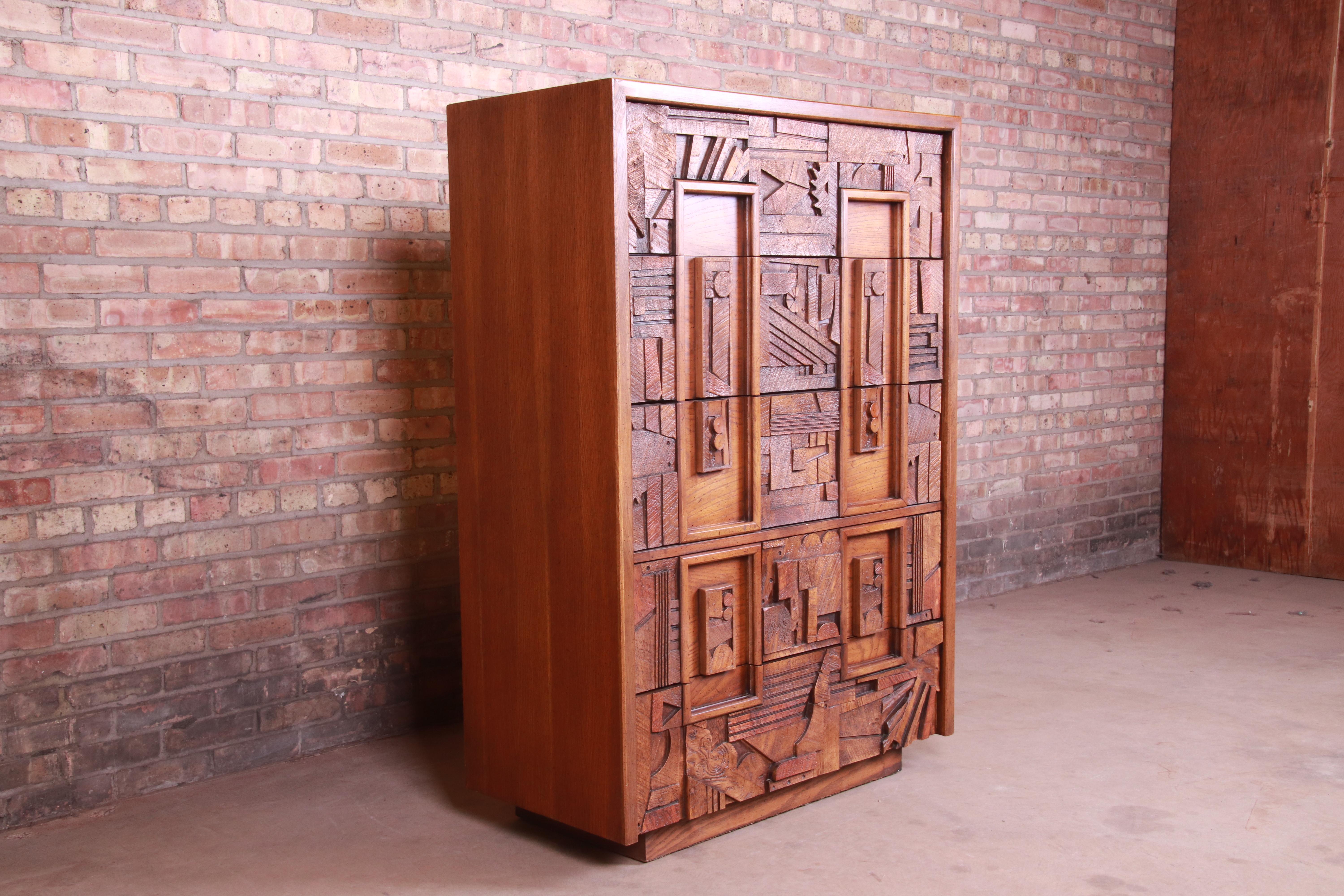 Late 20th Century Paul Evans Style Lane Pueblo Brutalist Mid-Century Modern Oak Highboy Dresser