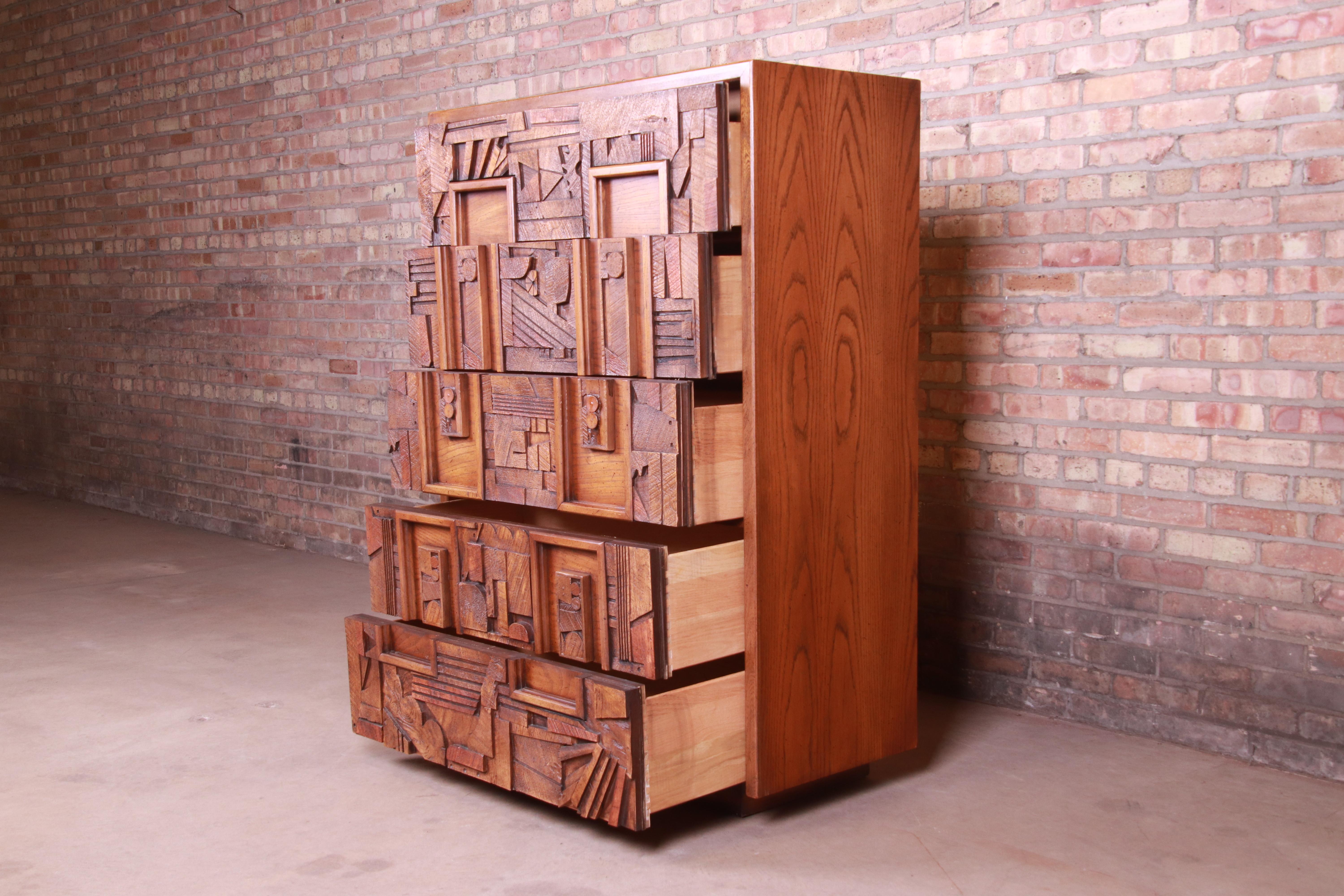 Paul Evans Style Lane Pueblo Brutalist Mid-Century Modern Oak Highboy Dresser 1
