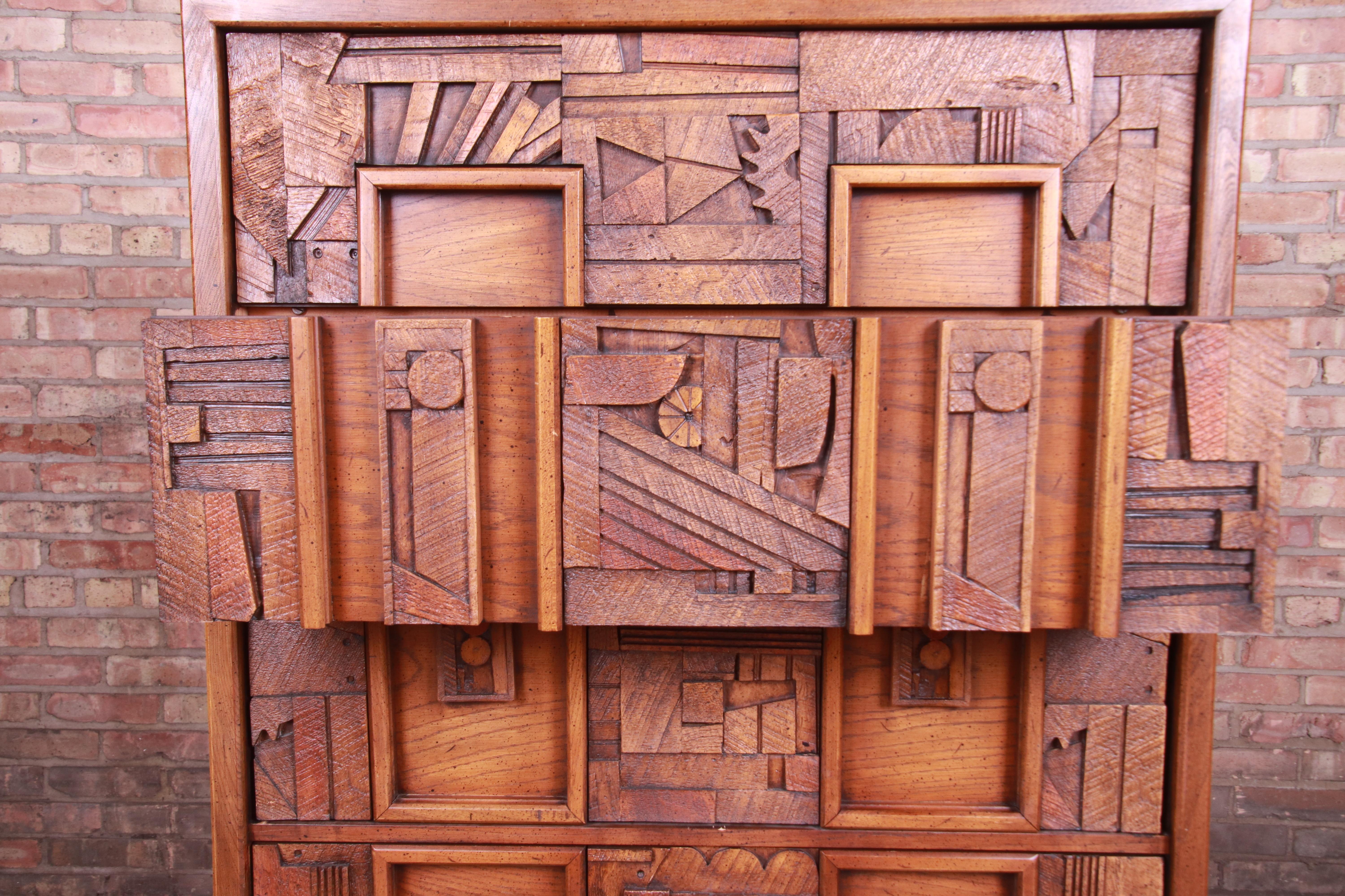 Paul Evans Style Lane Pueblo Brutalist Mid-Century Modern Oak Highboy Dresser 2