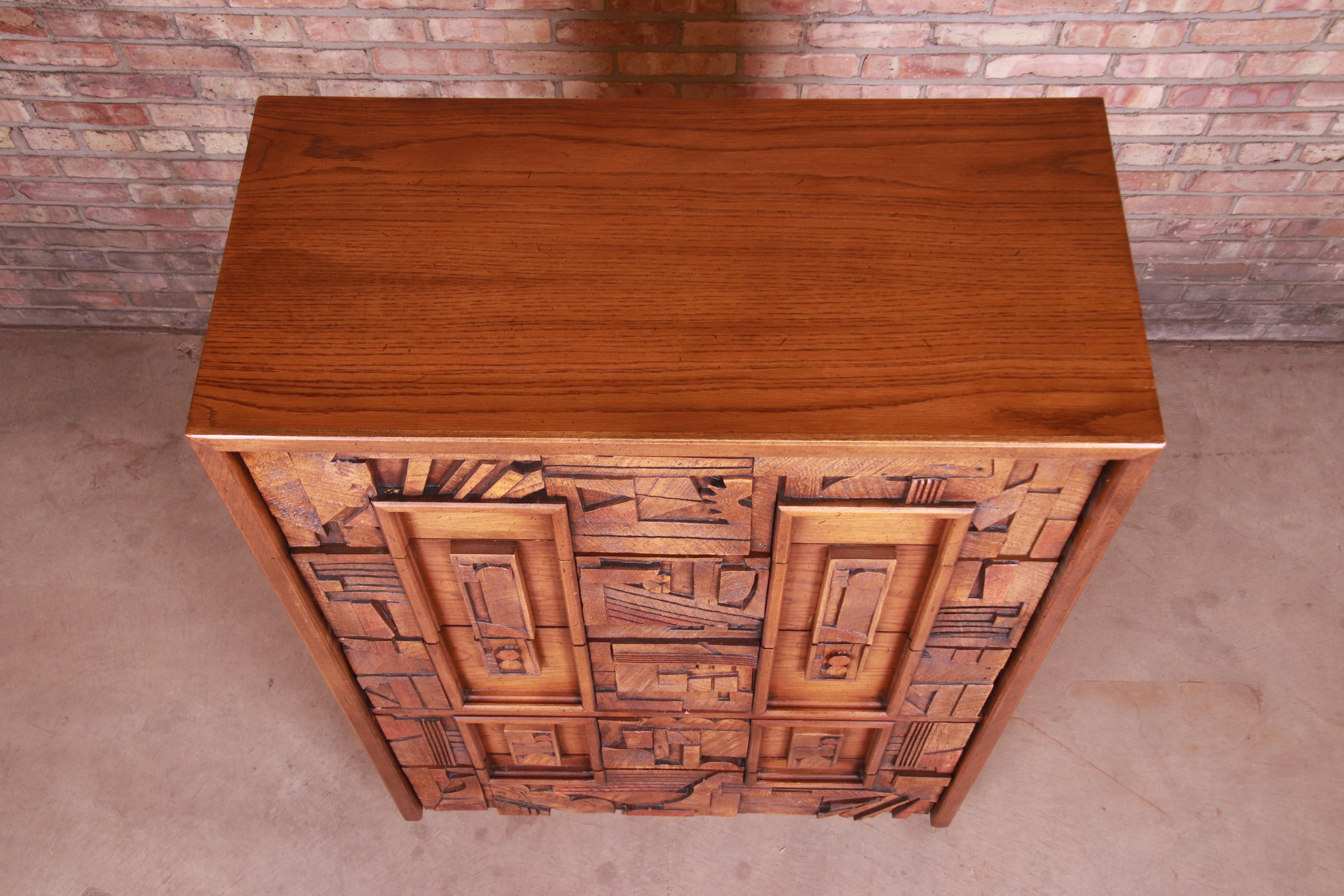 Paul Evans Style Lane Pueblo Brutalist Mid-Century Modern Oak Highboy Dresser 3