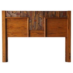 Paul Evans Style Lane Pueblo Brutalist Mid-Century Walnut Queen Headboard