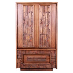 Paul Evans Style Lane Pueblo Brutalist Oak Armoire Dresser, 1970s