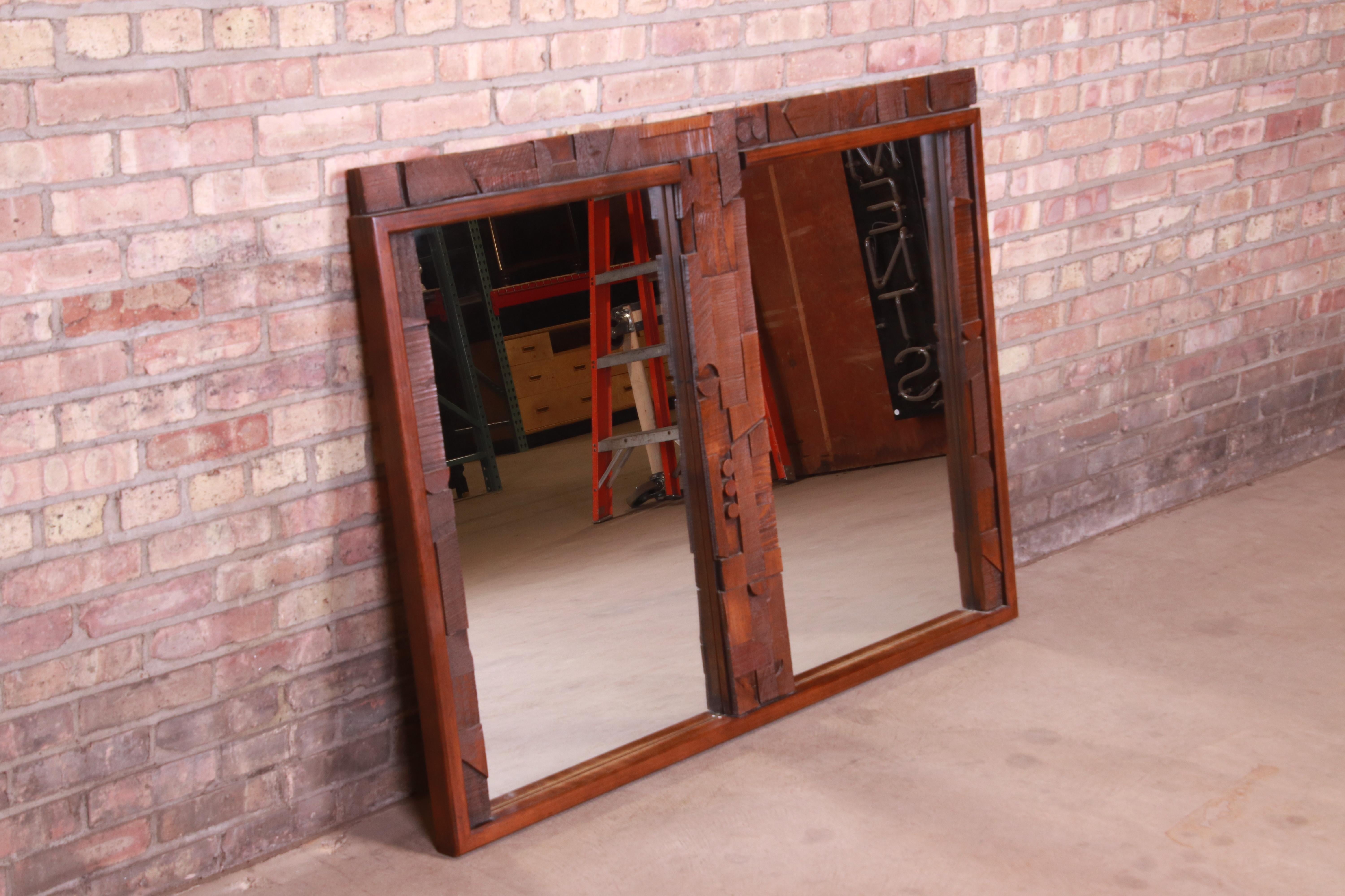 American Paul Evans Style Lane Pueblo Brutalist Oak Framed Double Mirror, 1970s For Sale