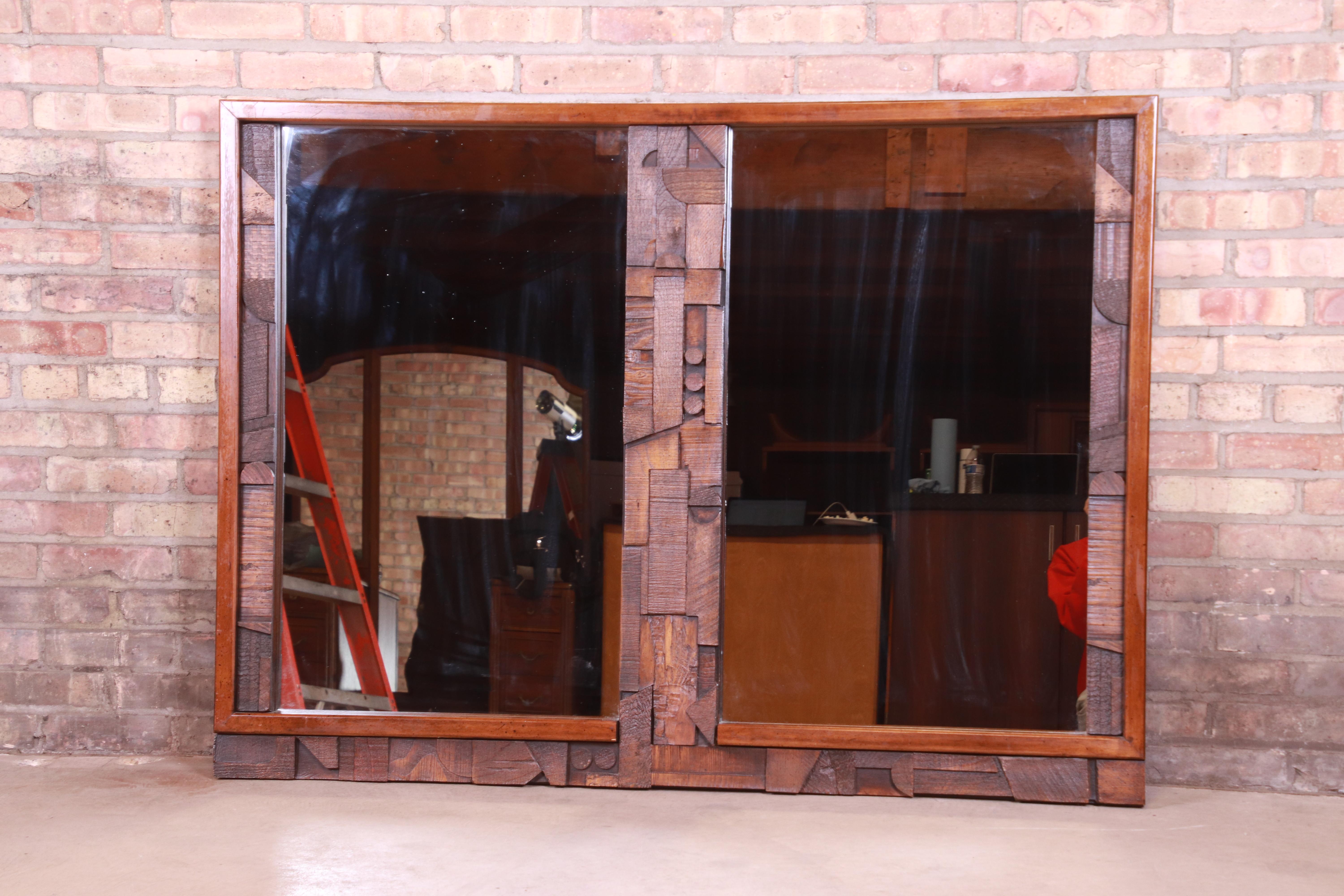 Mid-Century Modern Paul Evans Style Lane Pueblo Brutalist Oak Framed Double Mirror, 1970s For Sale