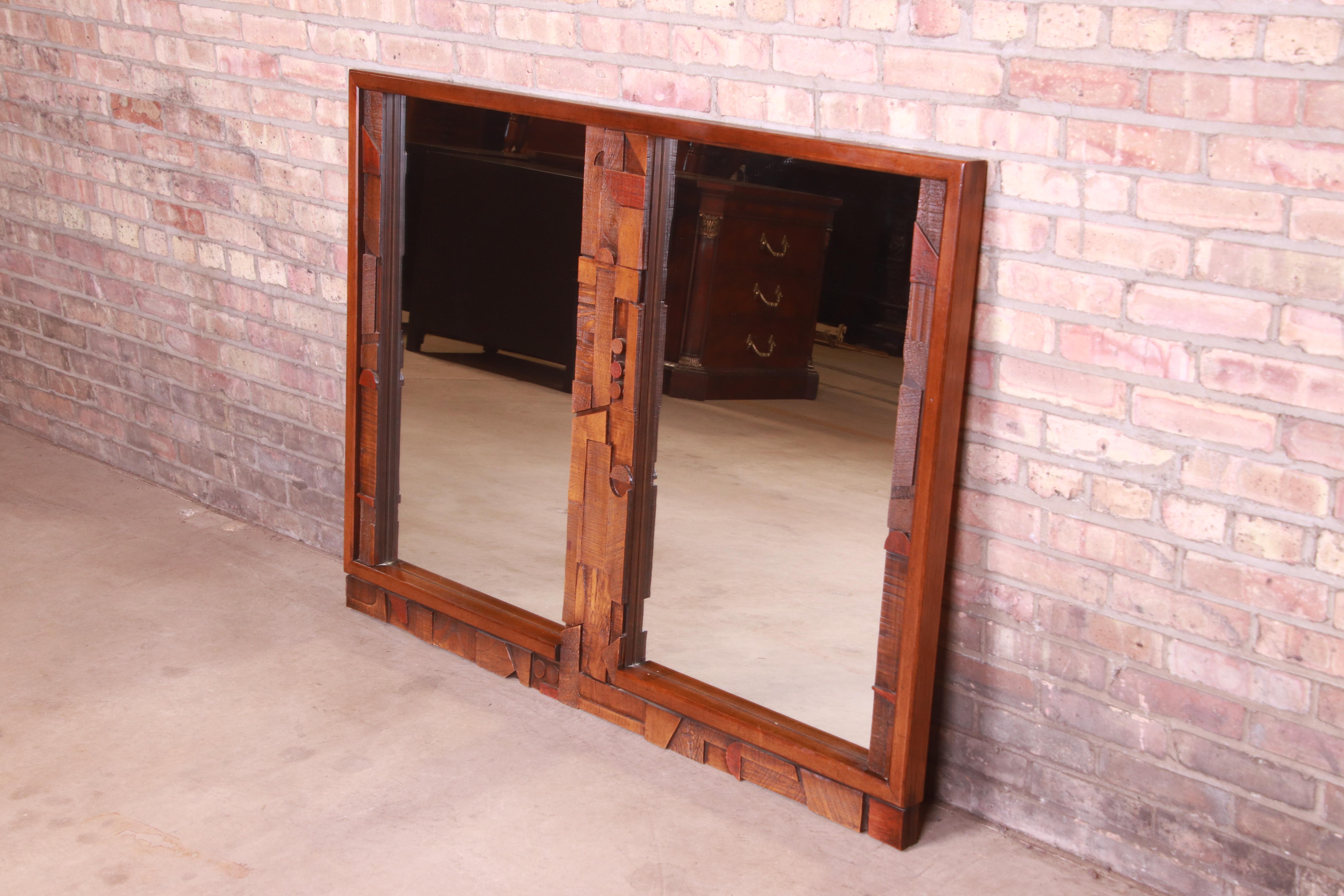 Mid-Century Modern Paul Evans Style Lane Pueblo Brutalist Oak Framed Double Mirror, 1970s For Sale