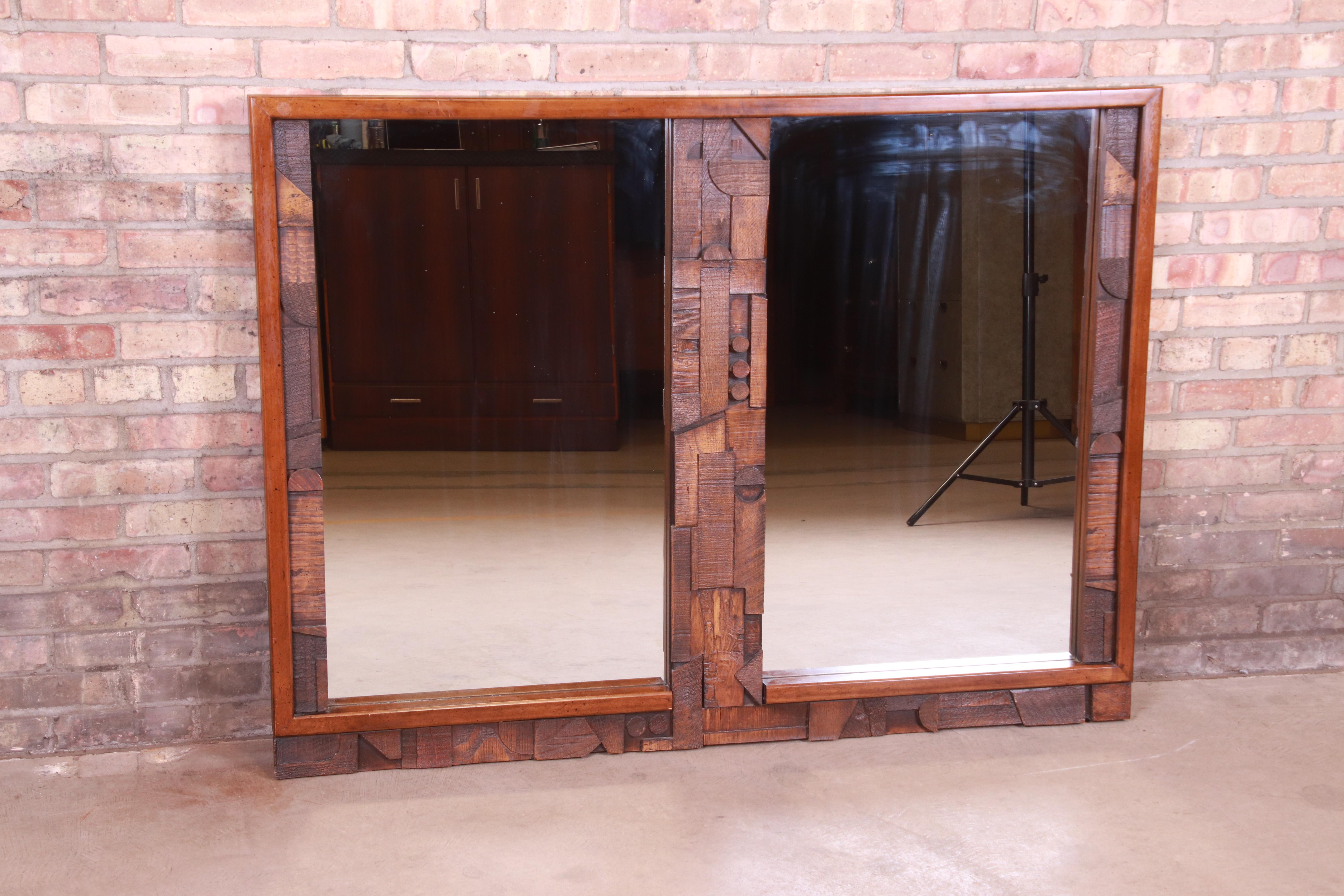 American Paul Evans Style Lane Pueblo Brutalist Oak Framed Double Mirror, 1970s For Sale