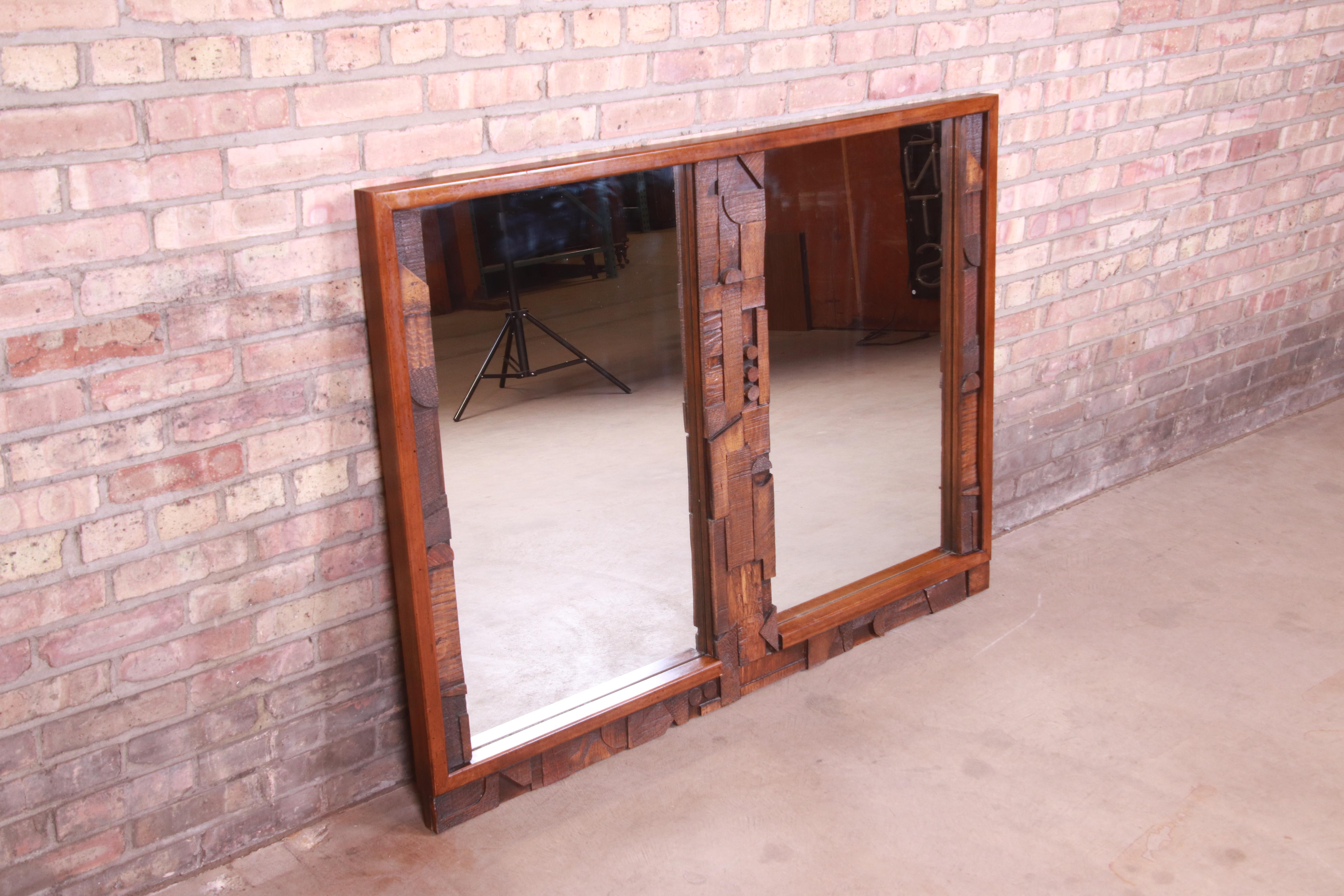 Paul Evans Style Lane Pueblo Brutalist Oak Framed Double Mirror, 1970s In Good Condition For Sale In South Bend, IN