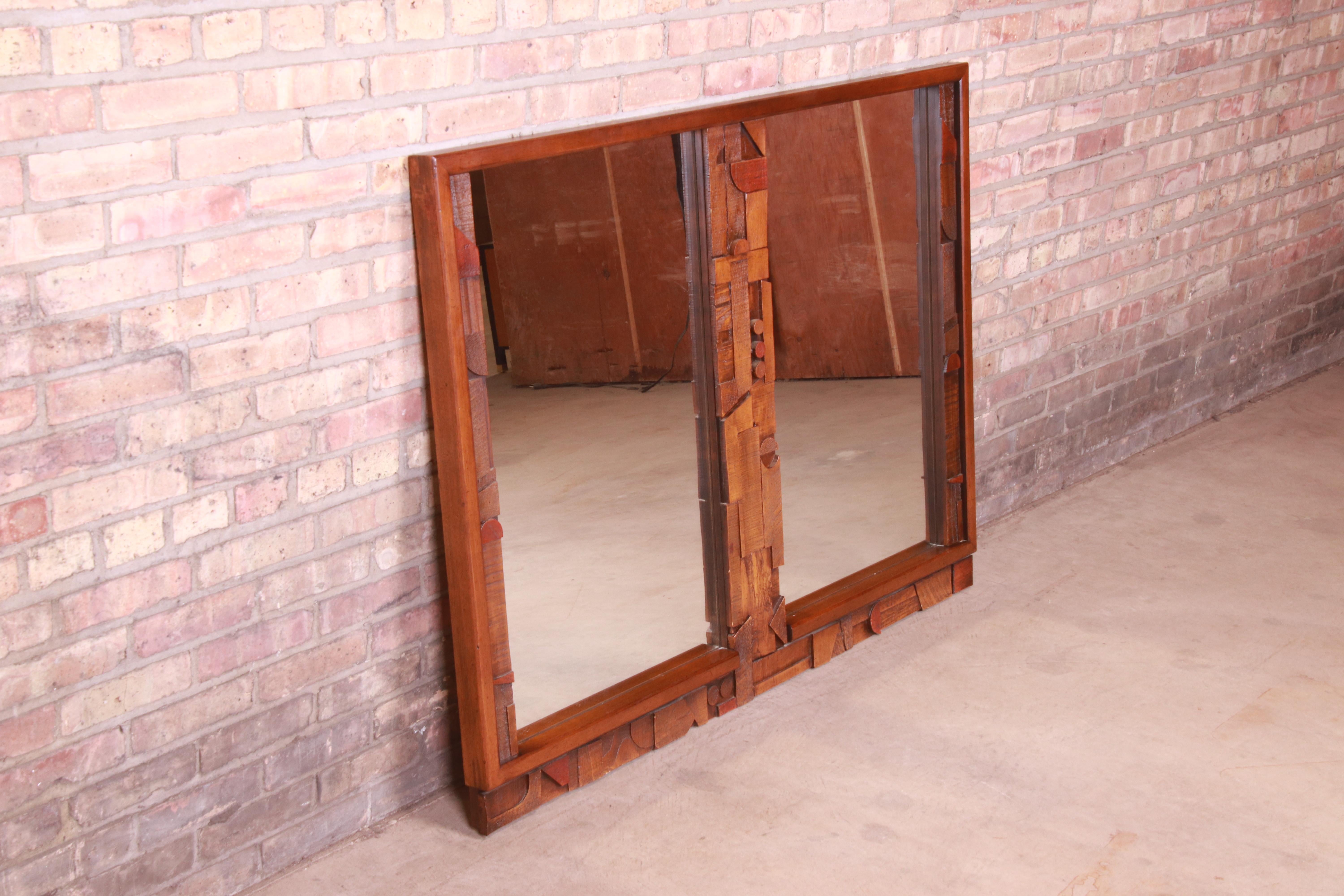 Paul Evans Style Lane Pueblo Brutalist Oak Framed Double Mirror, 1970s In Good Condition For Sale In South Bend, IN