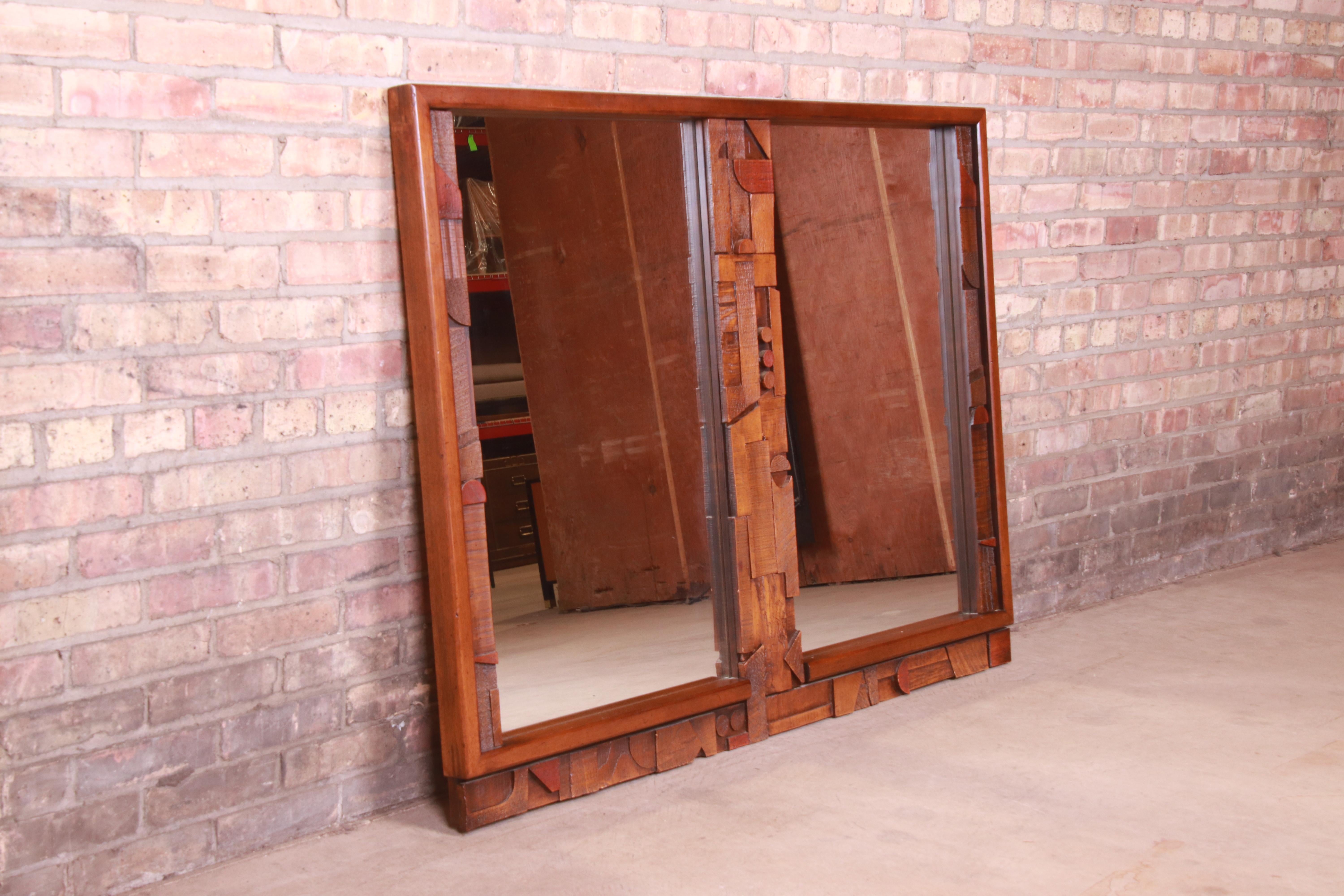 Late 20th Century Paul Evans Style Lane Pueblo Brutalist Oak Framed Double Mirror, 1970s For Sale