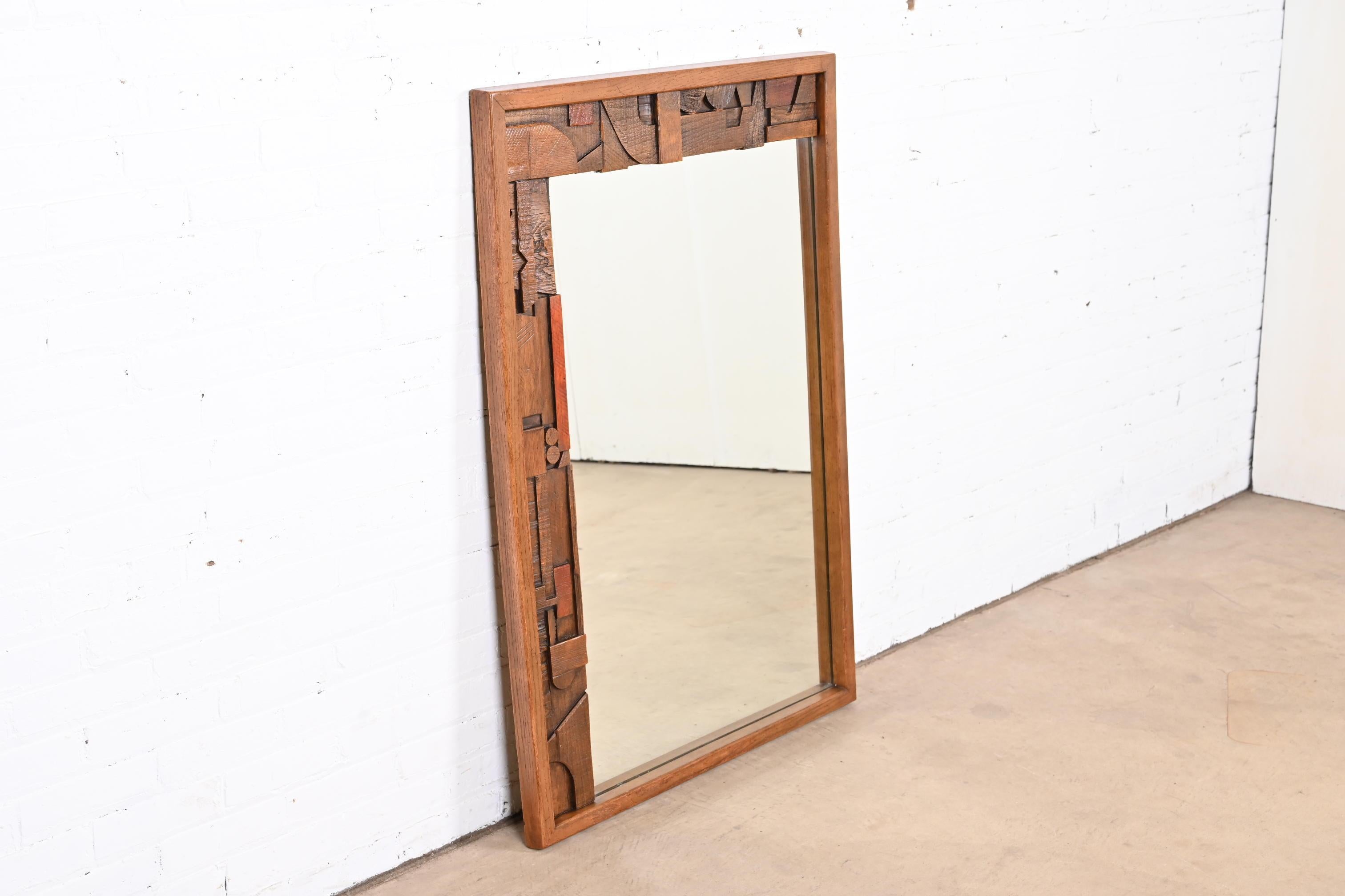 Mid-Century Modern Paul Evans Style Lane Pueblo Brutalist Oak Framed Wall Mirror, 1970s