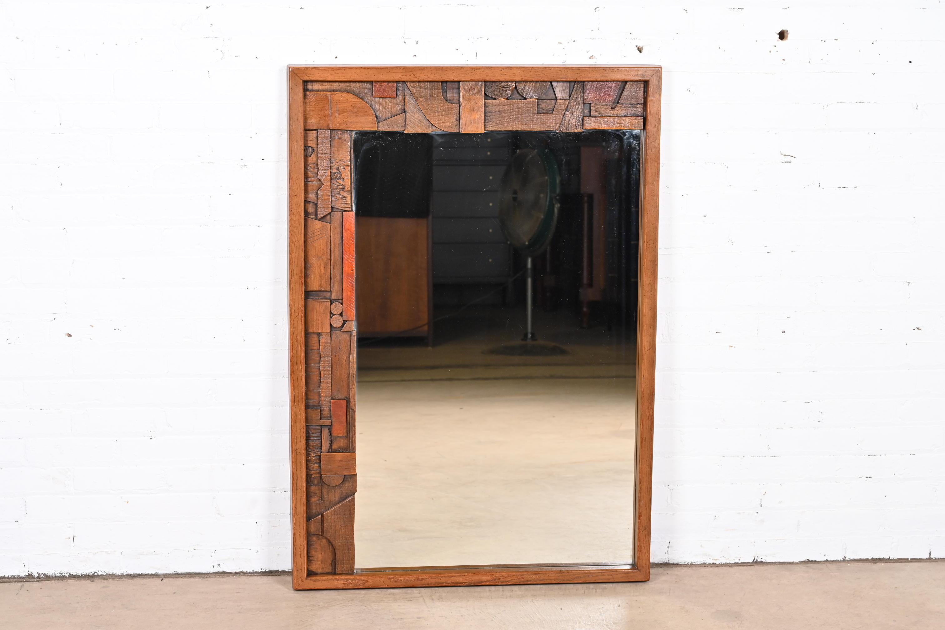American Paul Evans Style Lane Pueblo Brutalist Oak Framed Wall Mirror, 1970s