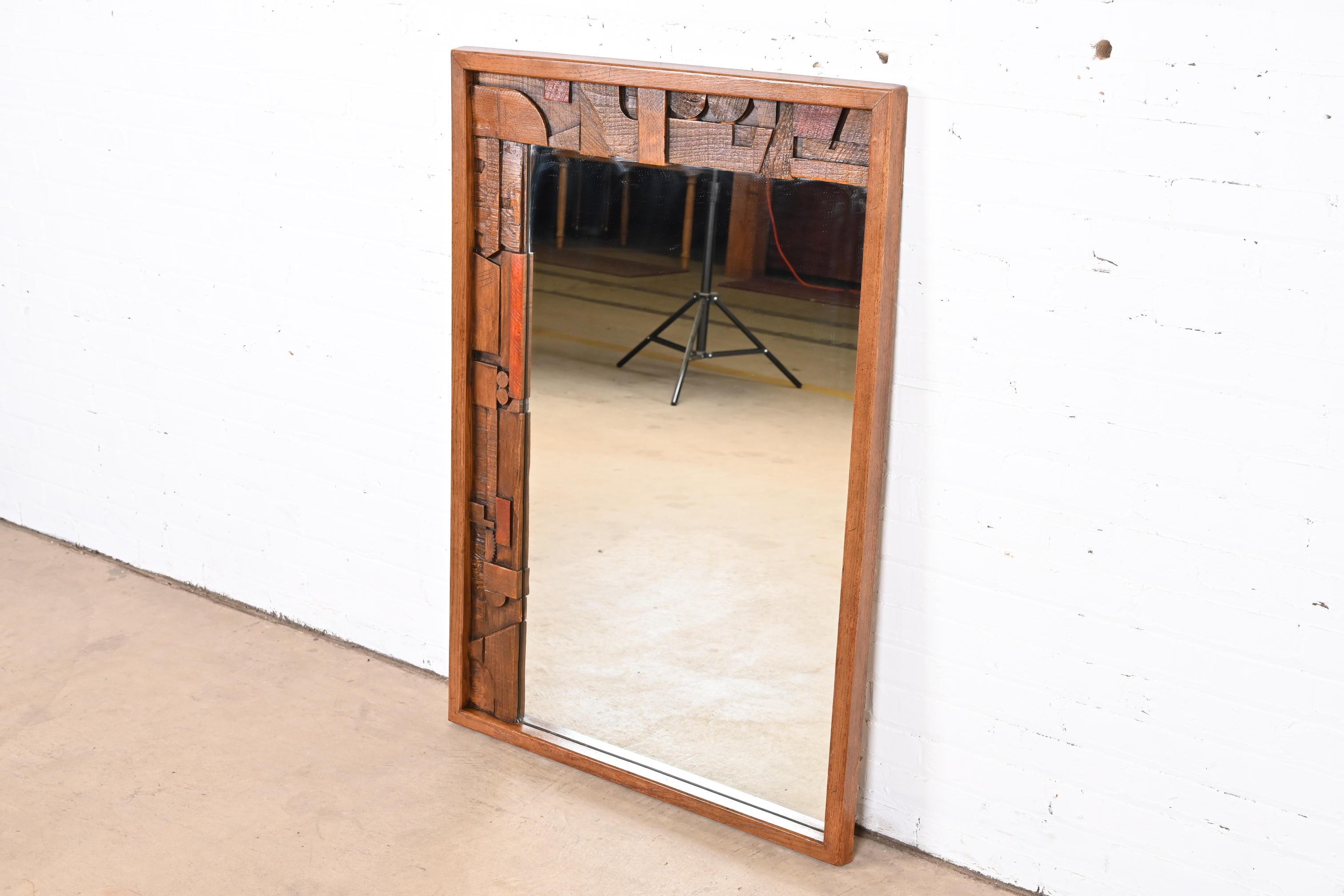 Paul Evans Style Lane Pueblo Brutalist Oak Framed Wall Mirror, 1970s In Good Condition In South Bend, IN