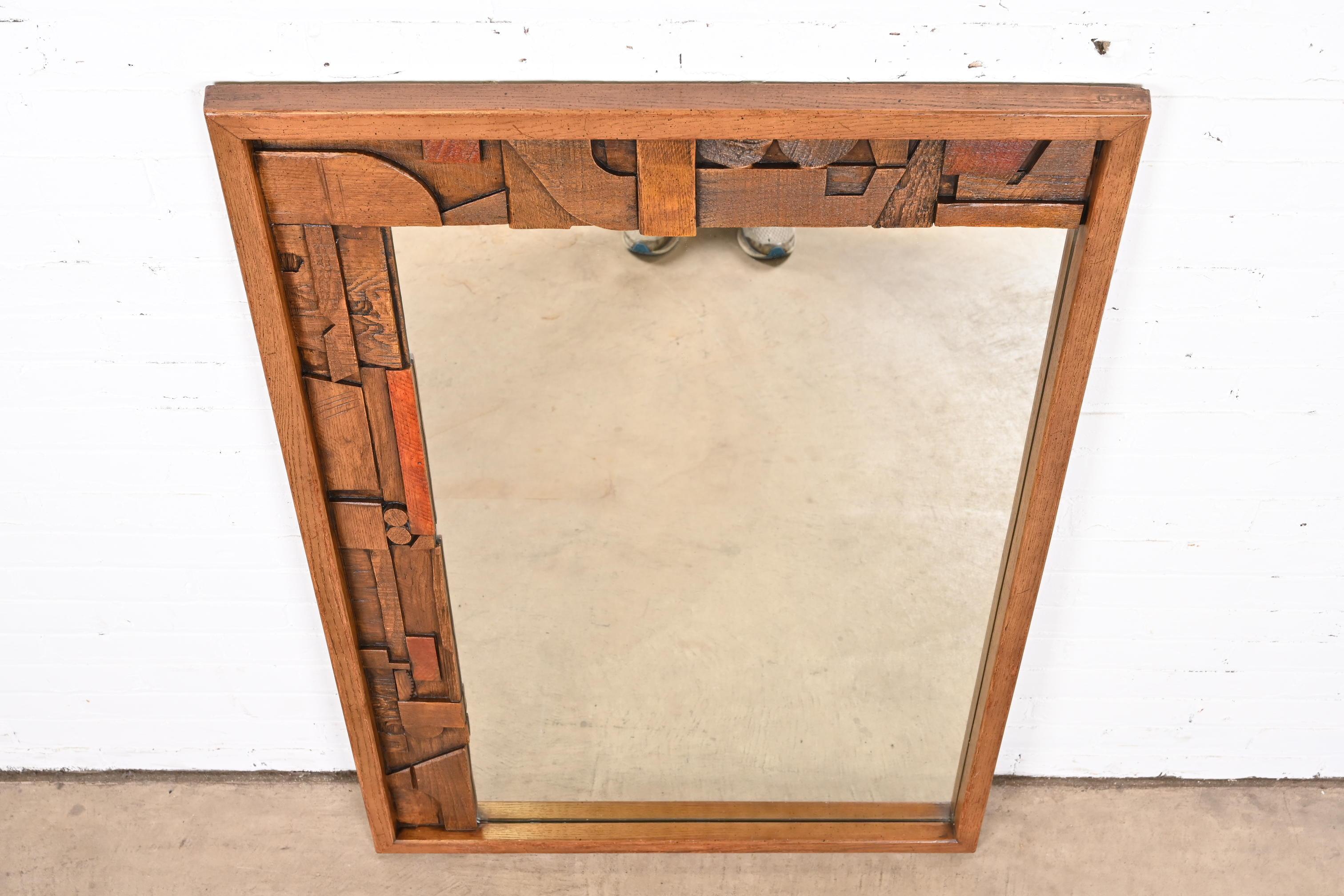 Late 20th Century Paul Evans Style Lane Pueblo Brutalist Oak Framed Wall Mirror, 1970s