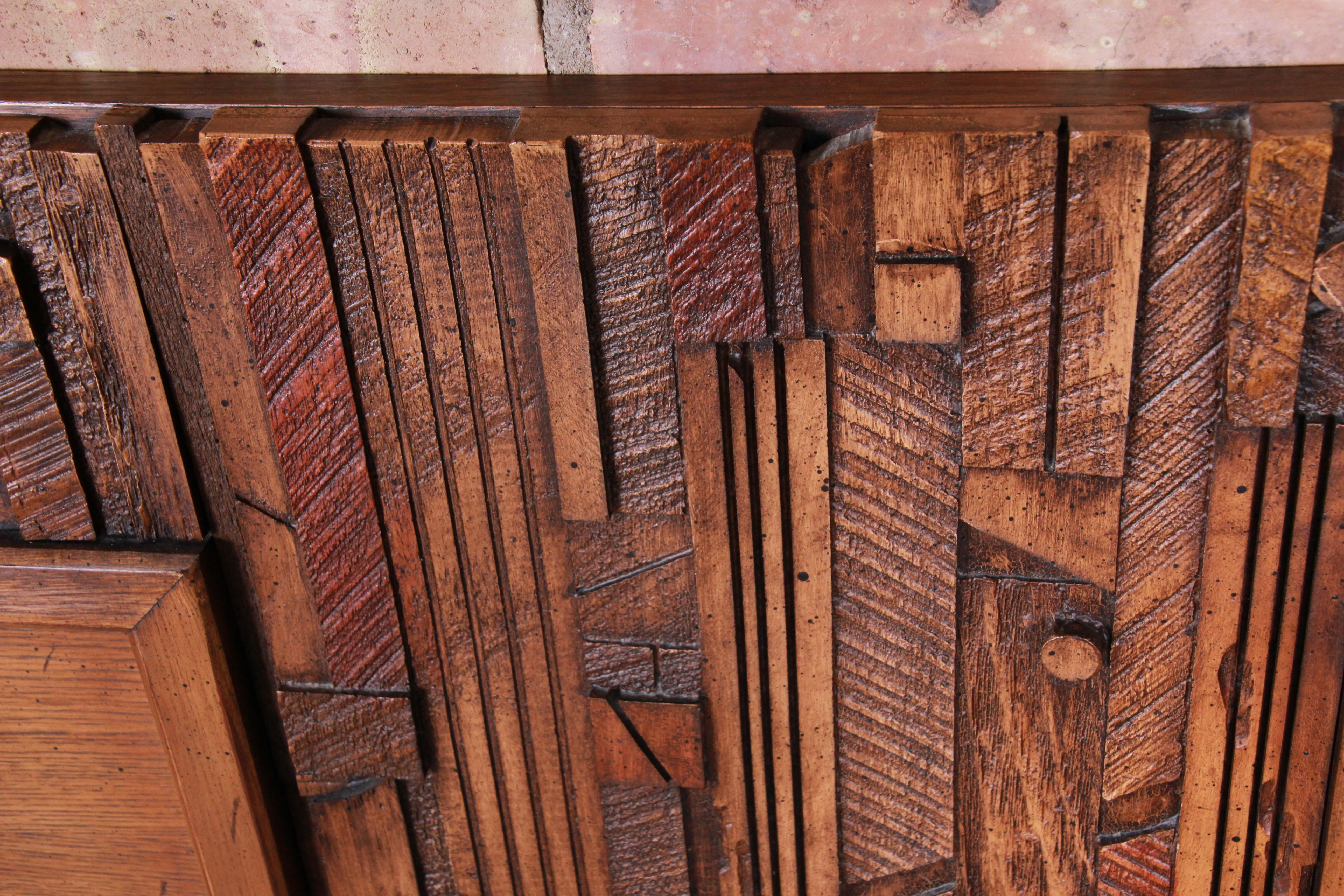 American Paul Evans Style Lane Pueblo Brutalist Oak King Size Headboard, 1970s