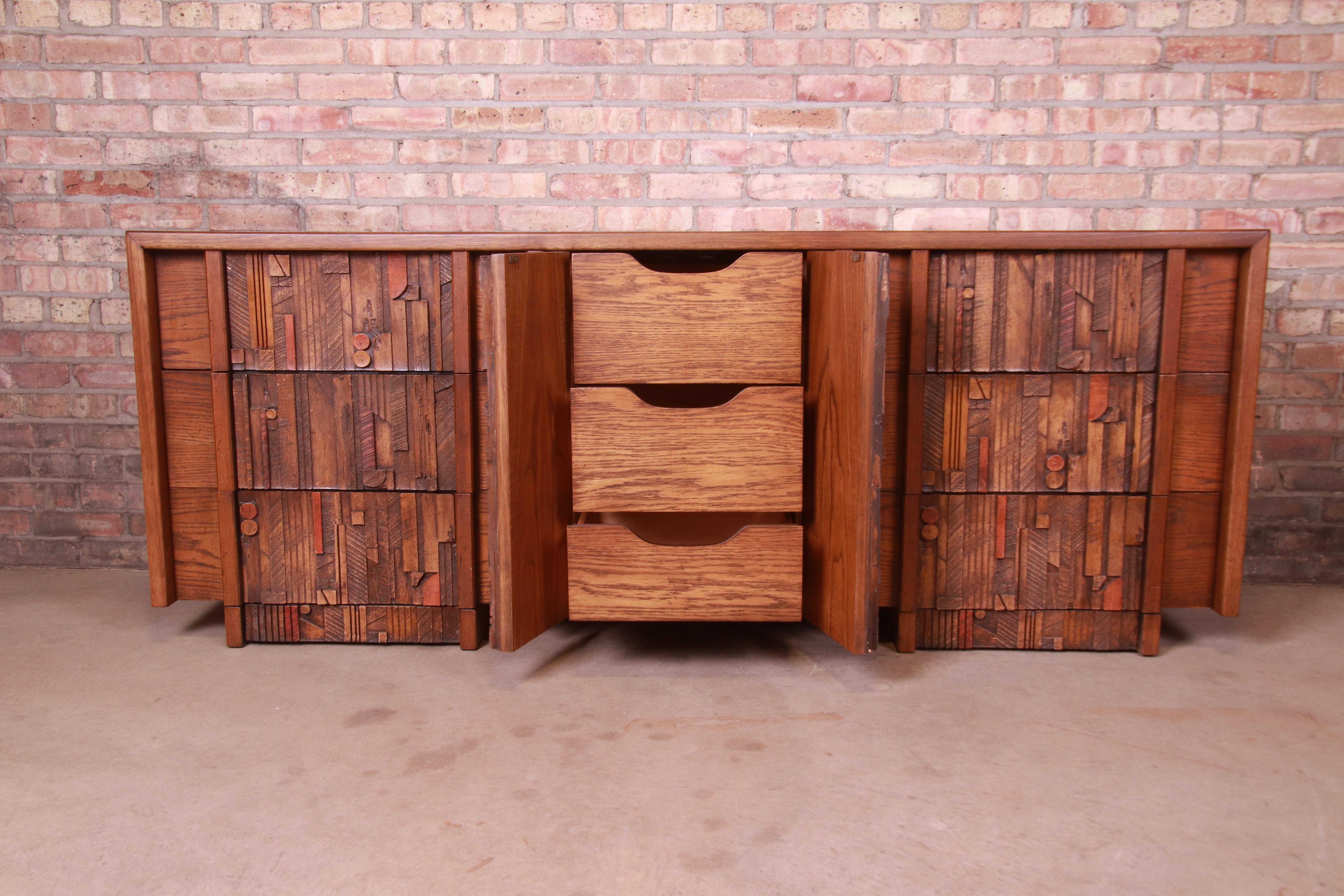 Paul Evans Style Lane Pueblo Brutalist Oak Long Dresser, Newly Refinished 5