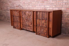 Paul Evans Style Lane Pueblo Brutalist Oak Long Dresser, Newly Refinished