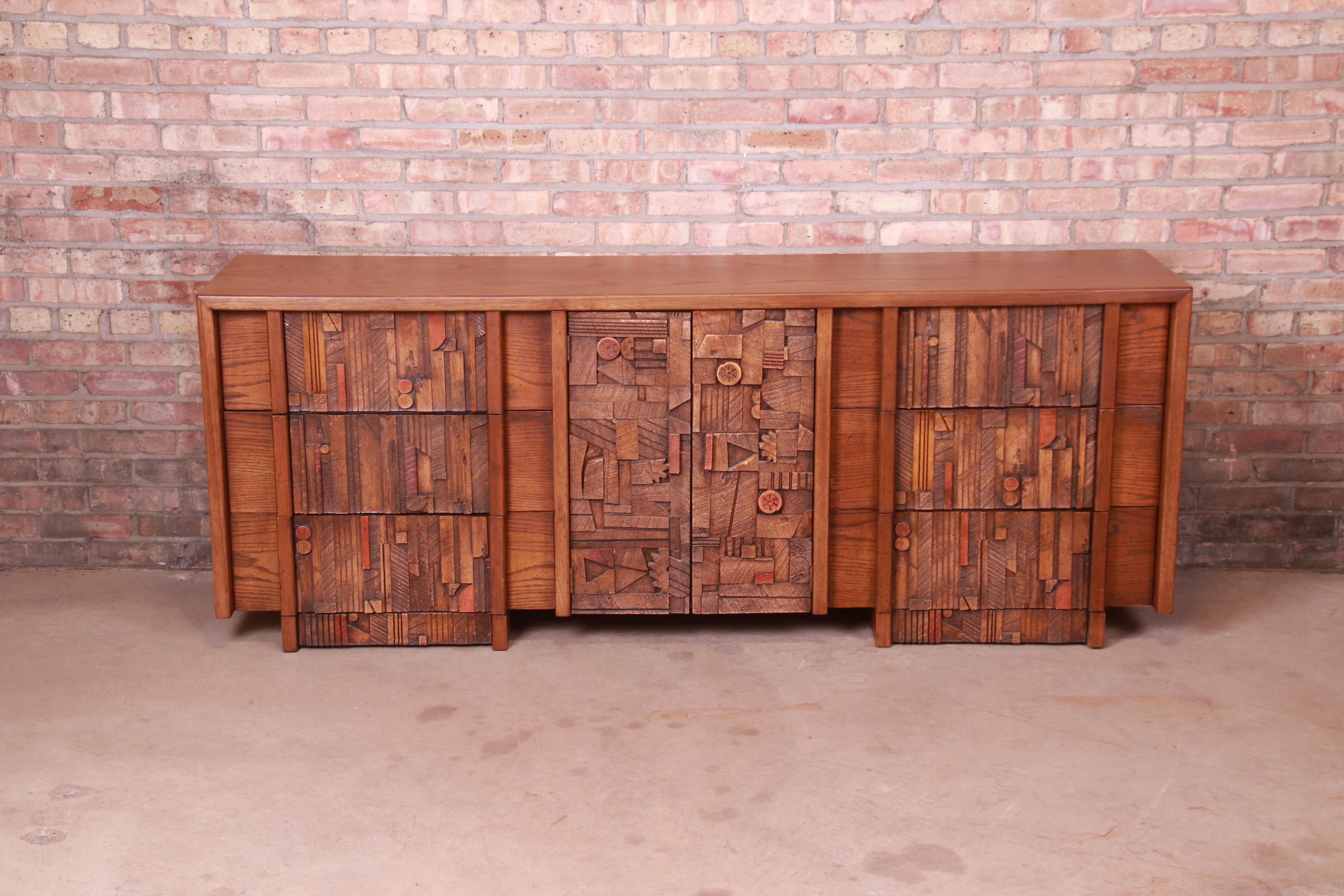 Mid-Century Modern Paul Evans Style Lane Pueblo Brutalist Oak Long Dresser, Newly Refinished