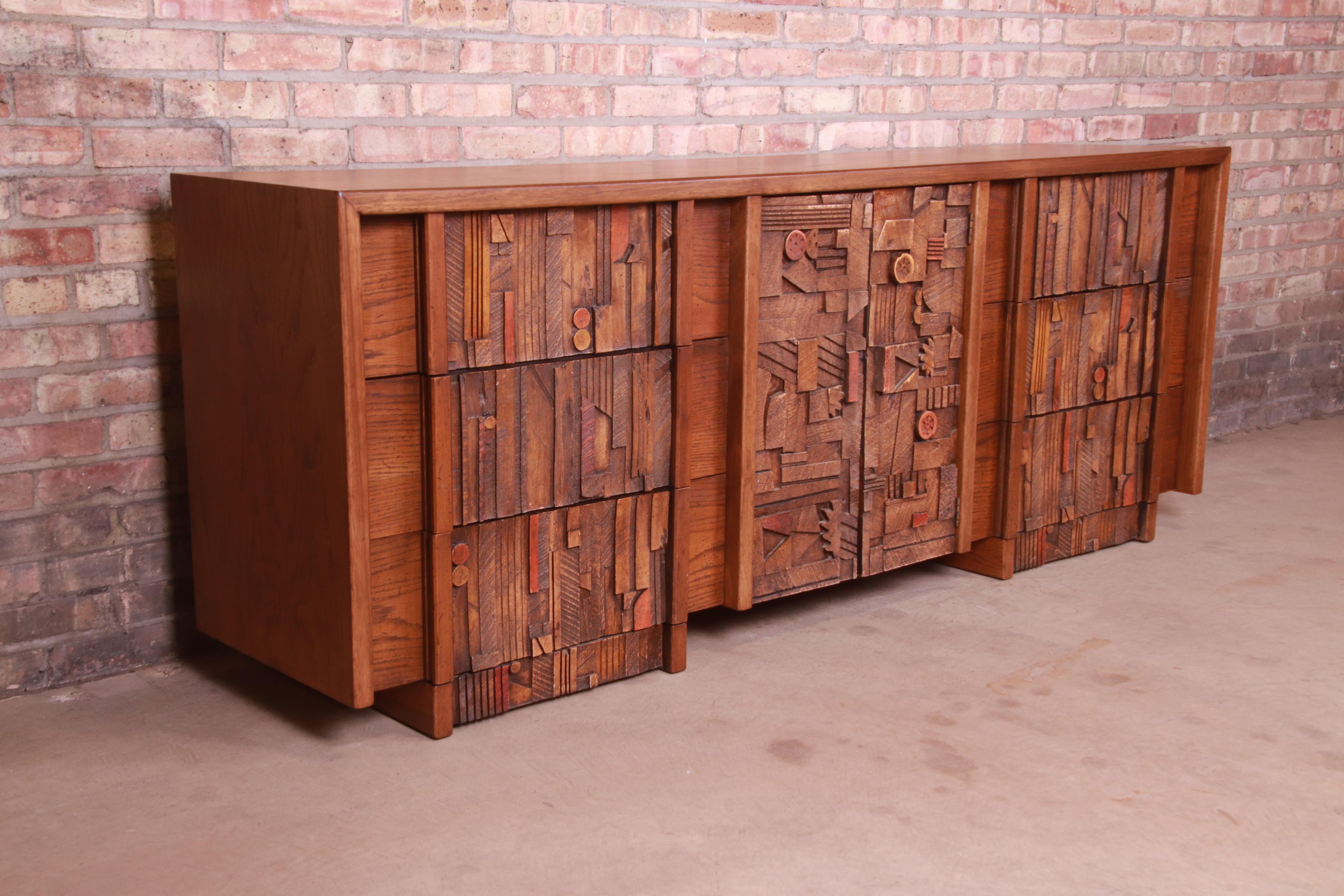 Late 20th Century Paul Evans Style Lane Pueblo Brutalist Oak Long Dresser, Newly Refinished