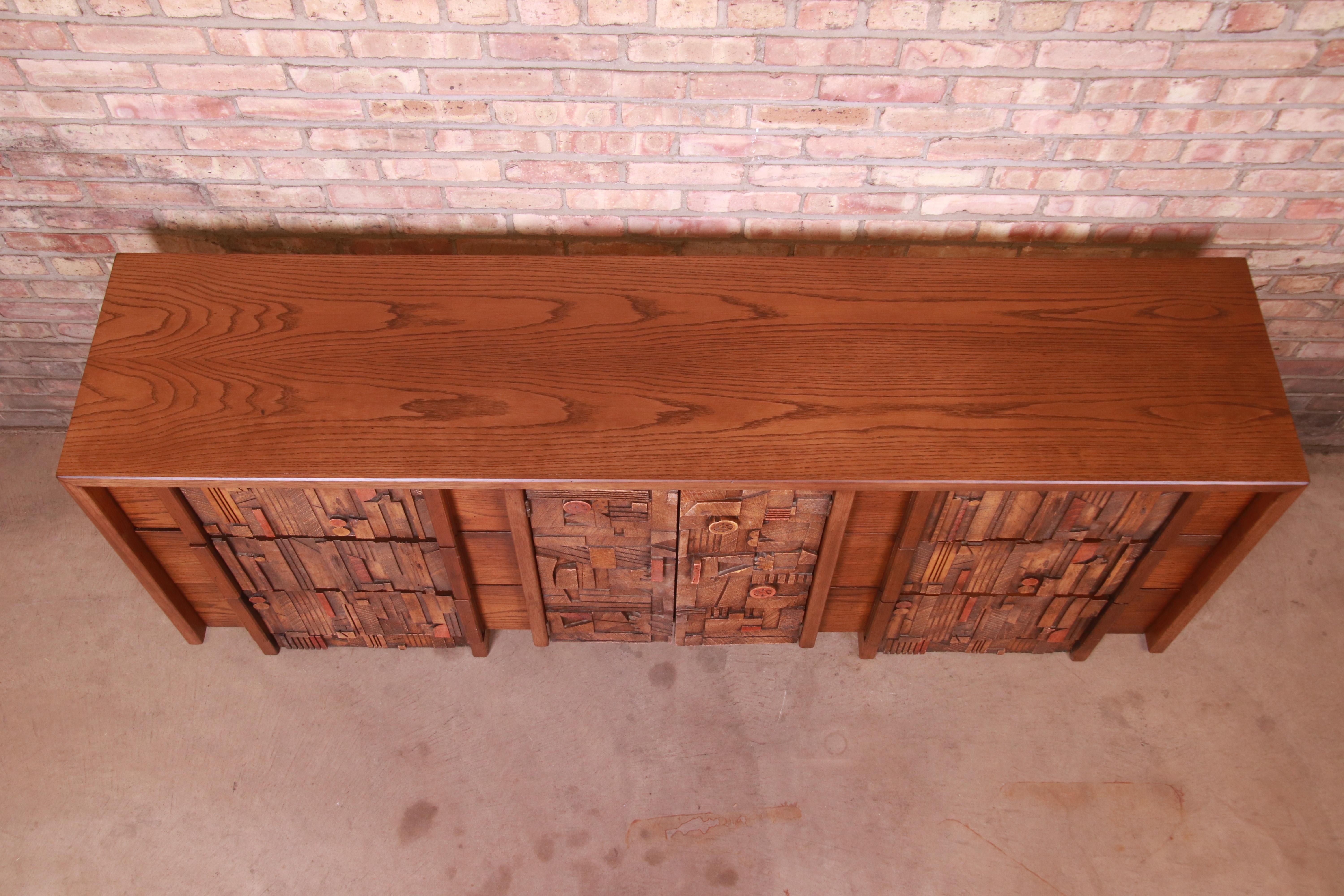 Paul Evans Style Lane Pueblo Brutalist Oak Long Dresser, Newly Refinished 1