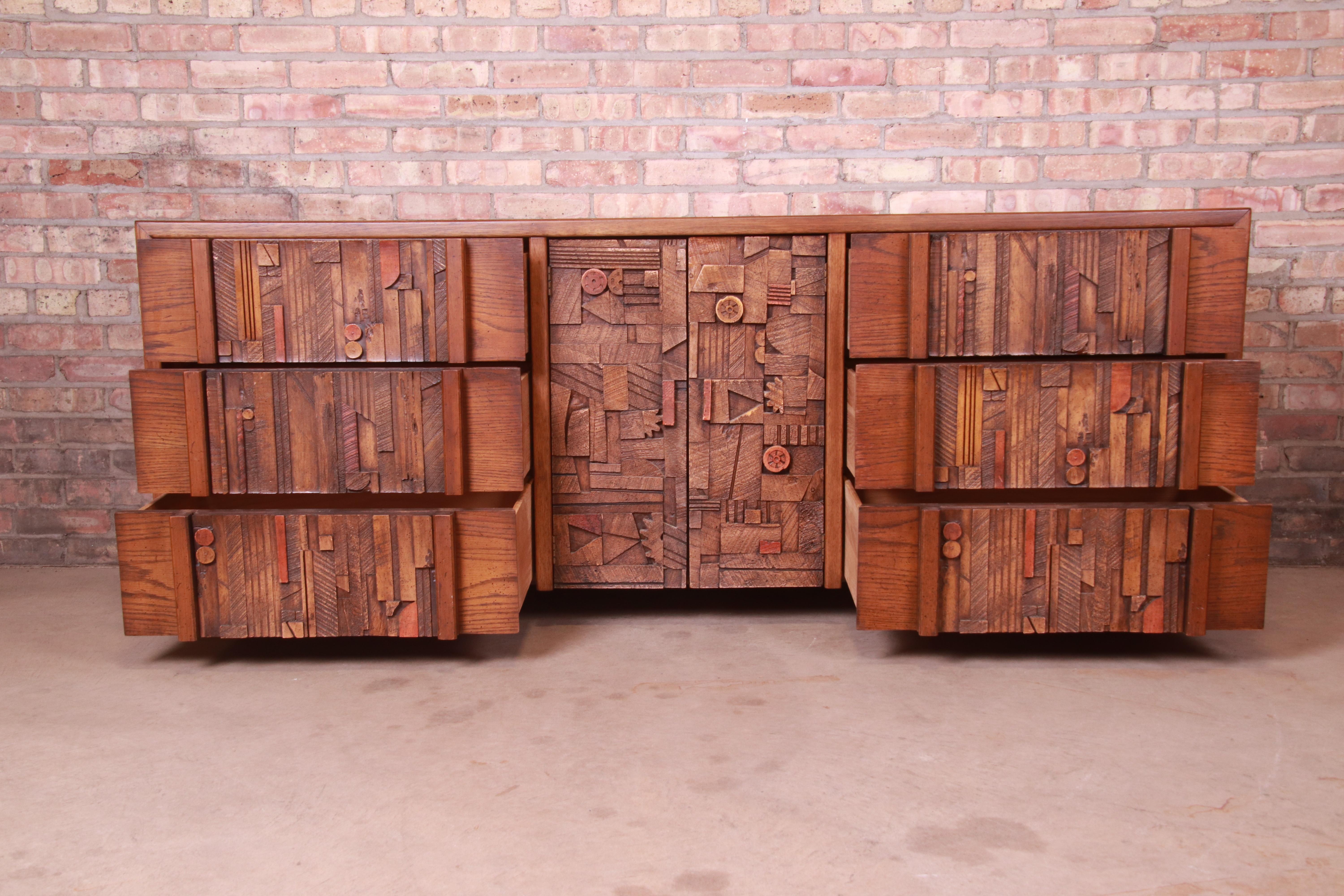 Paul Evans Style Lane Pueblo Brutalist Oak Long Dresser, Newly Refinished 2