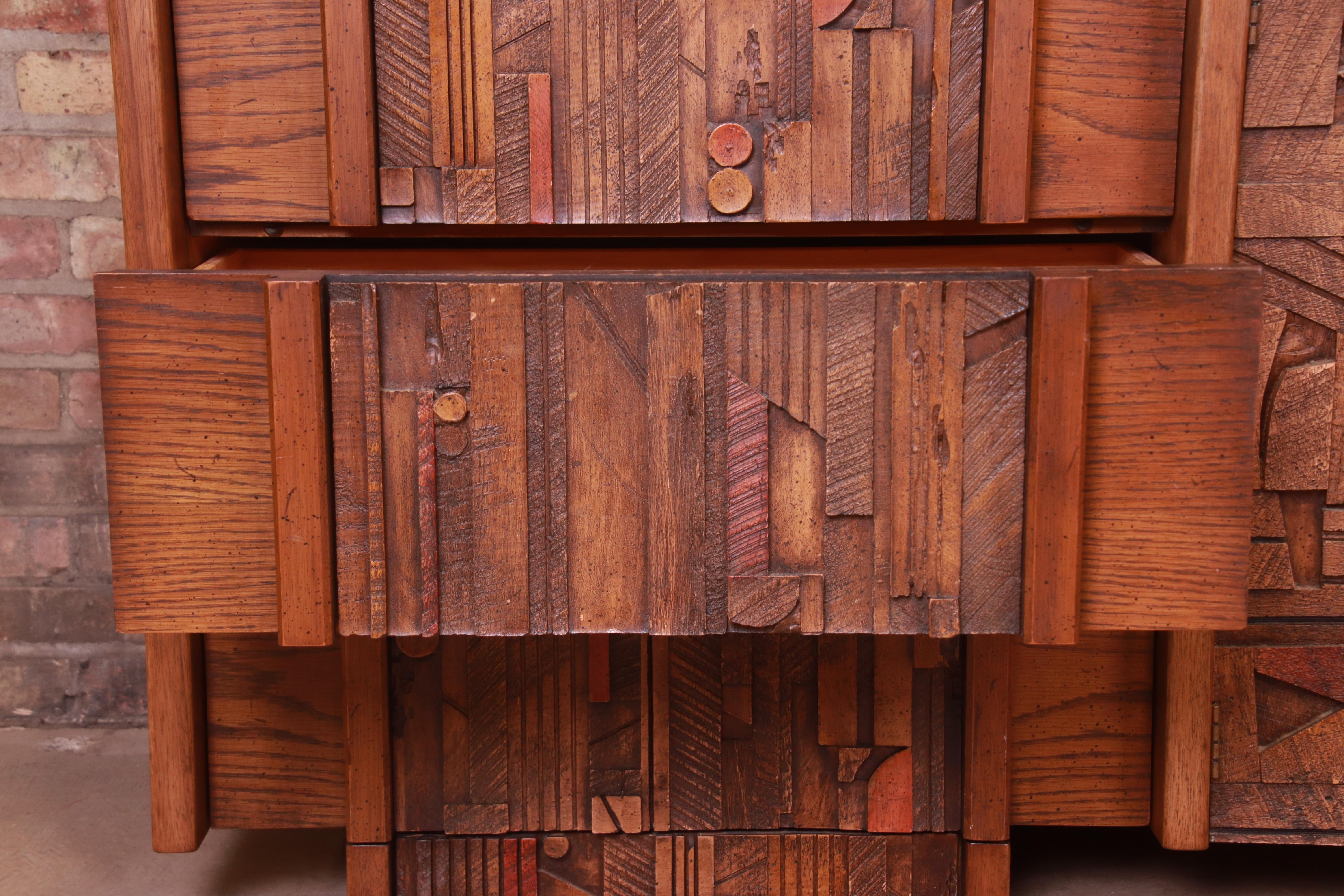 Paul Evans Style Lane Pueblo Brutalist Oak Long Dresser, Newly Refinished 3