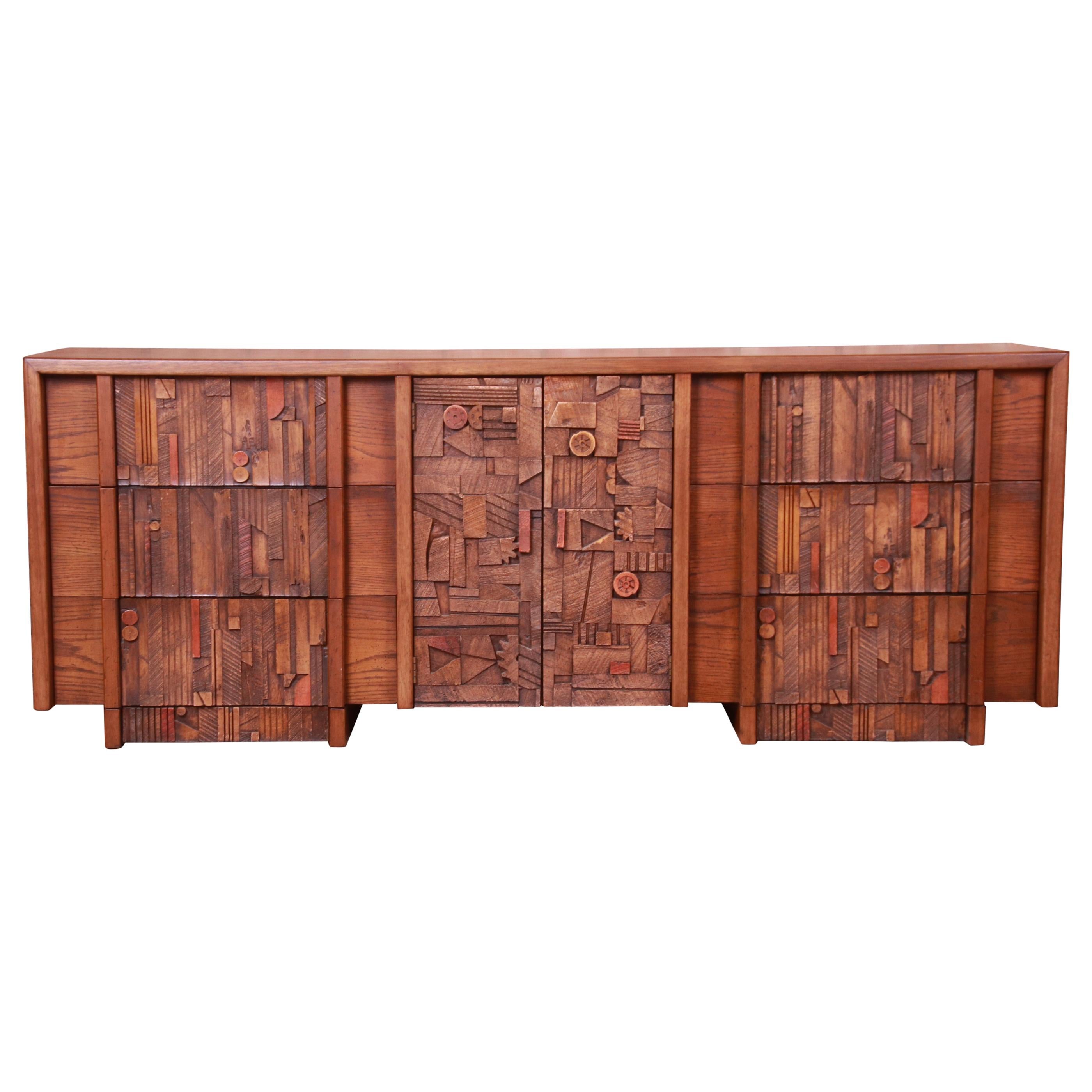 Paul Evans Style Lane Pueblo Brutalist Oak Long Dresser, Newly Refinished