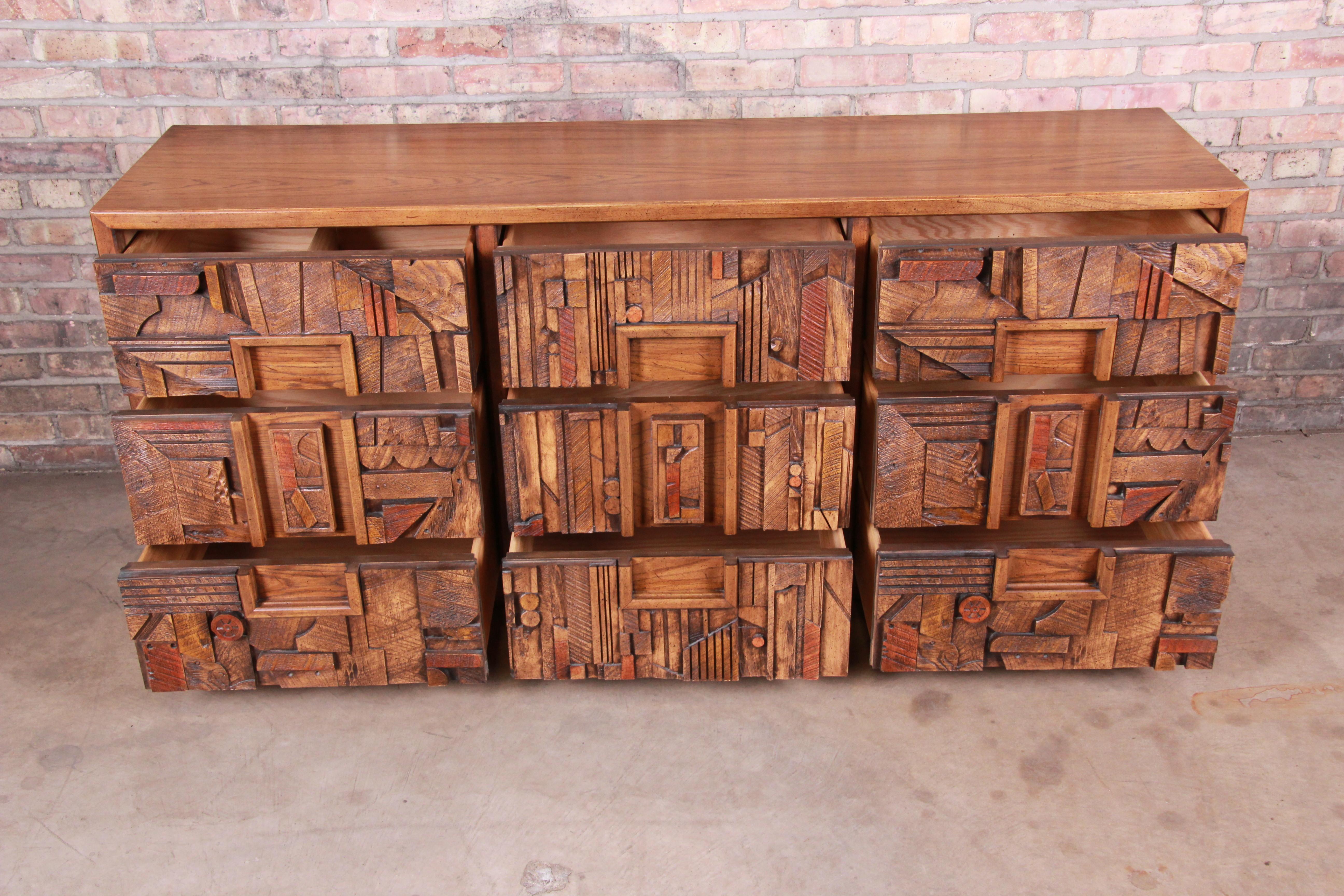 Paul Evans Style Lane Pueblo Brutalist Oak Long Dresser or Credenza, 1970s 1