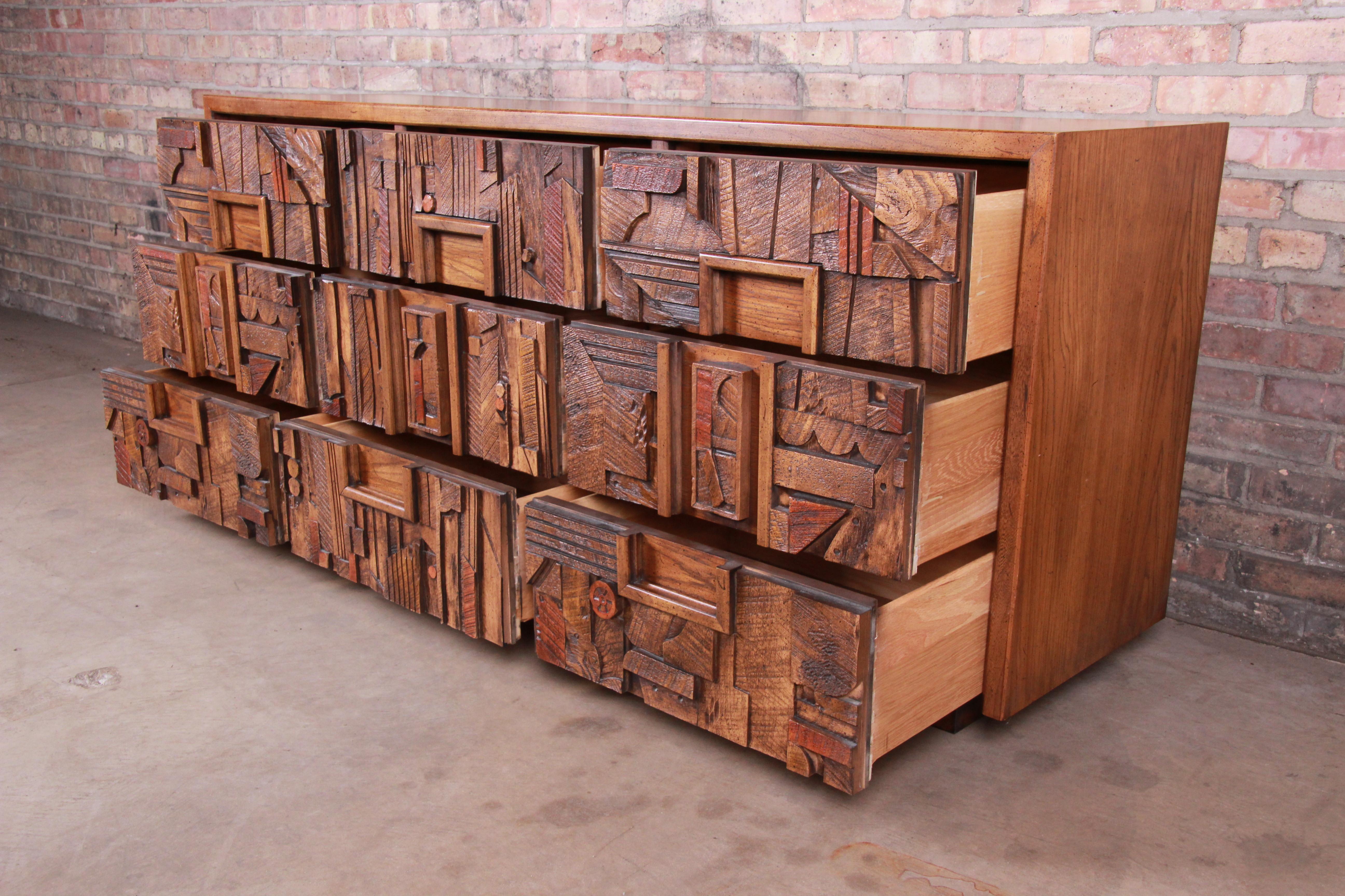 Paul Evans Style Lane Pueblo Brutalist Oak Long Dresser or Credenza, 1970s 2