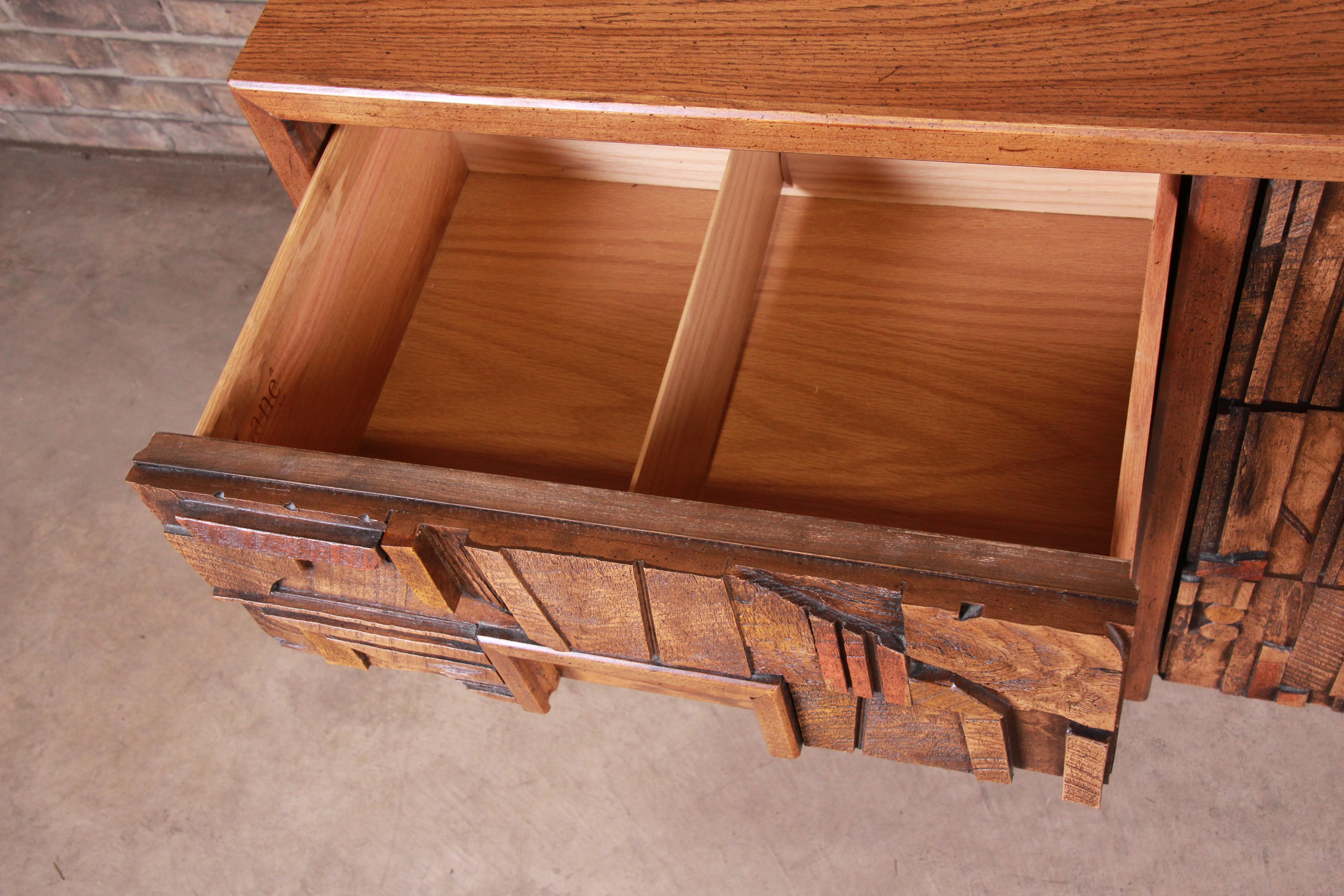 Paul Evans Style Lane Pueblo Brutalist Oak Long Dresser or Credenza, 1970s In Good Condition In South Bend, IN