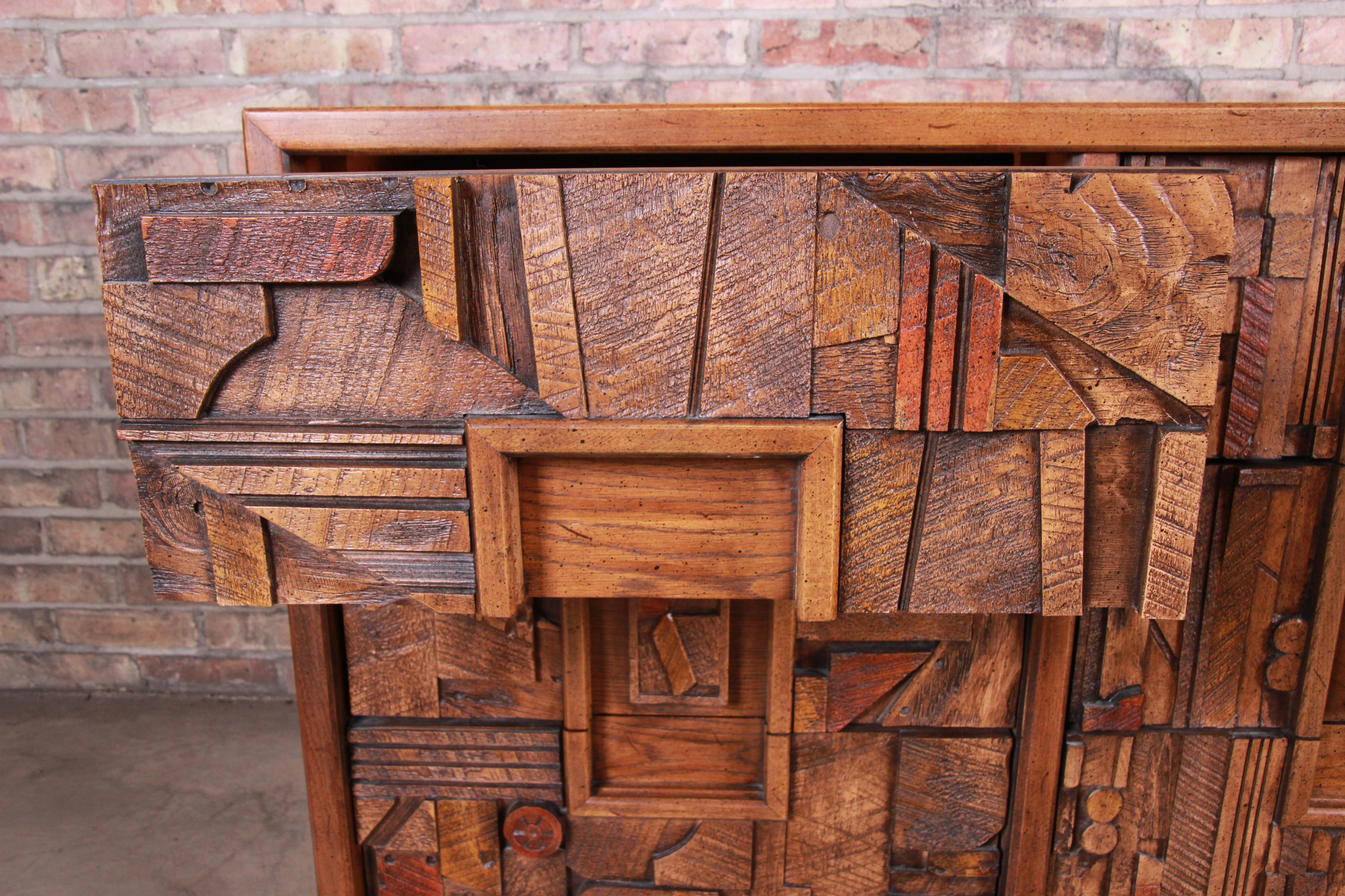 Late 20th Century Paul Evans Style Lane Pueblo Brutalist Oak Long Dresser or Credenza, 1970s