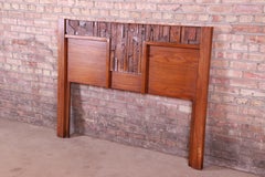 Paul Evans Style Lane Pueblo Brutalist Oak Queen Size Headboard, 1970s