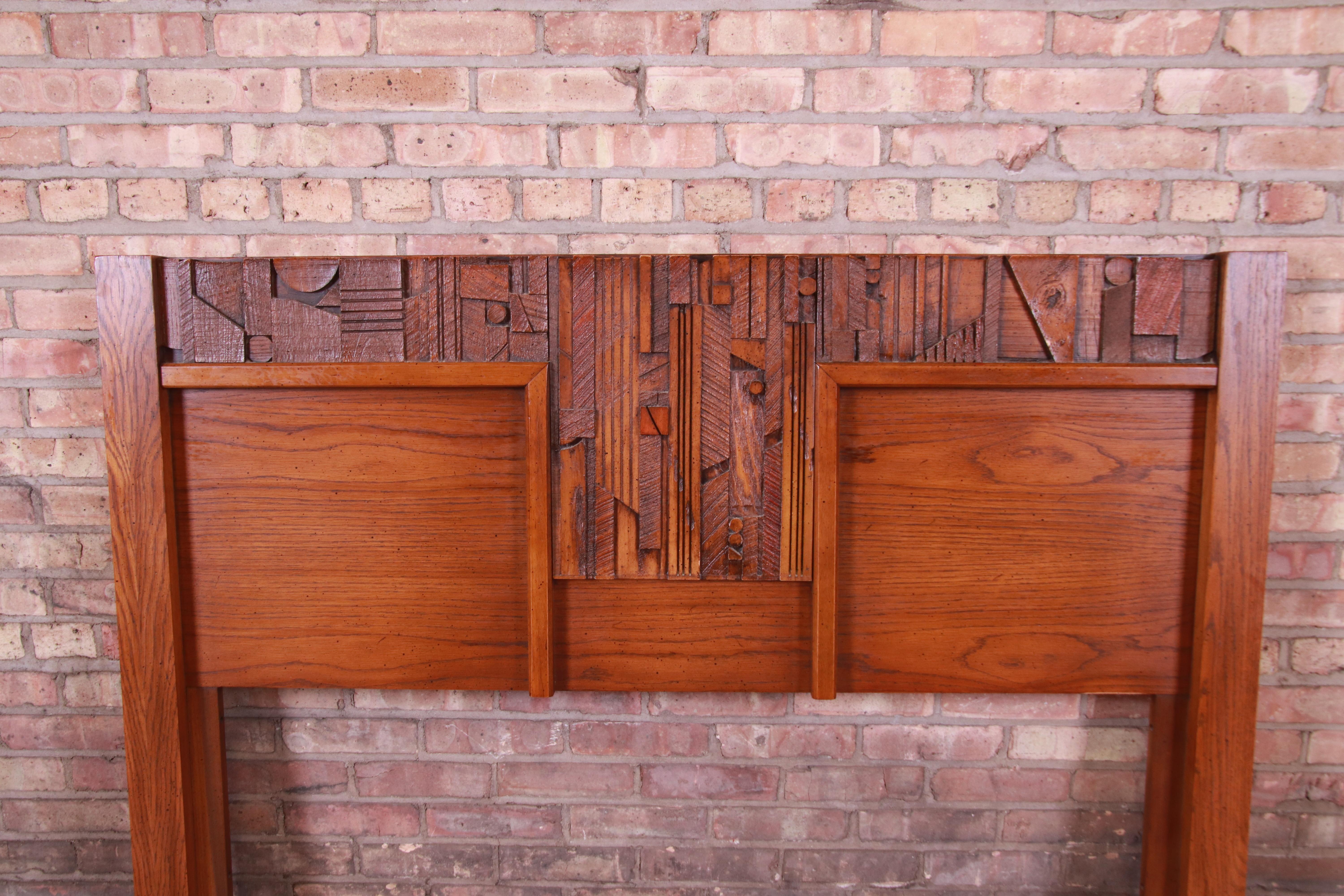 American Paul Evans Style Lane Pueblo Brutalist Oak Queen Size Headboard, 1970s