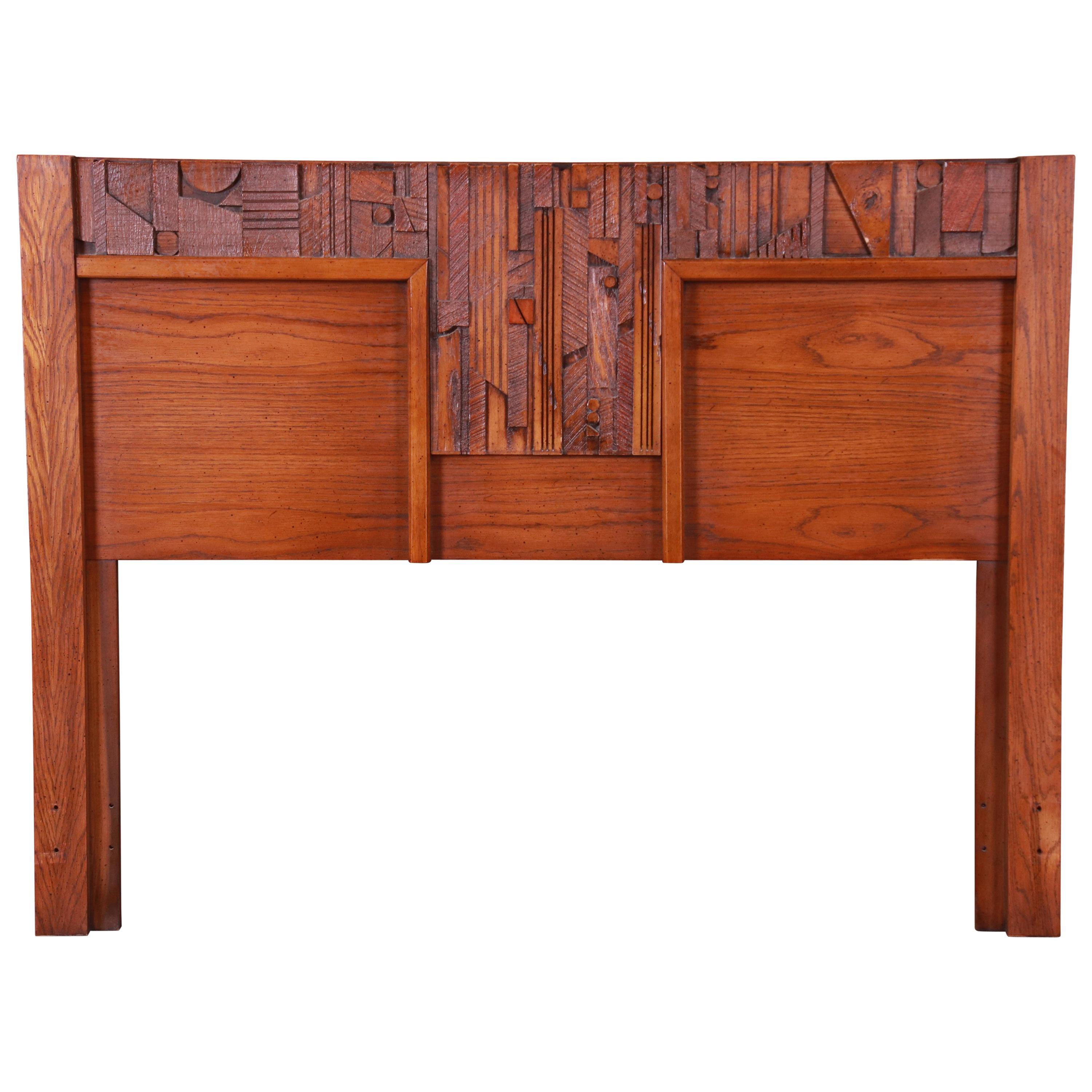 Paul Evans Style Lane Pueblo Brutalist Oak Queen Size Headboard, 1970s