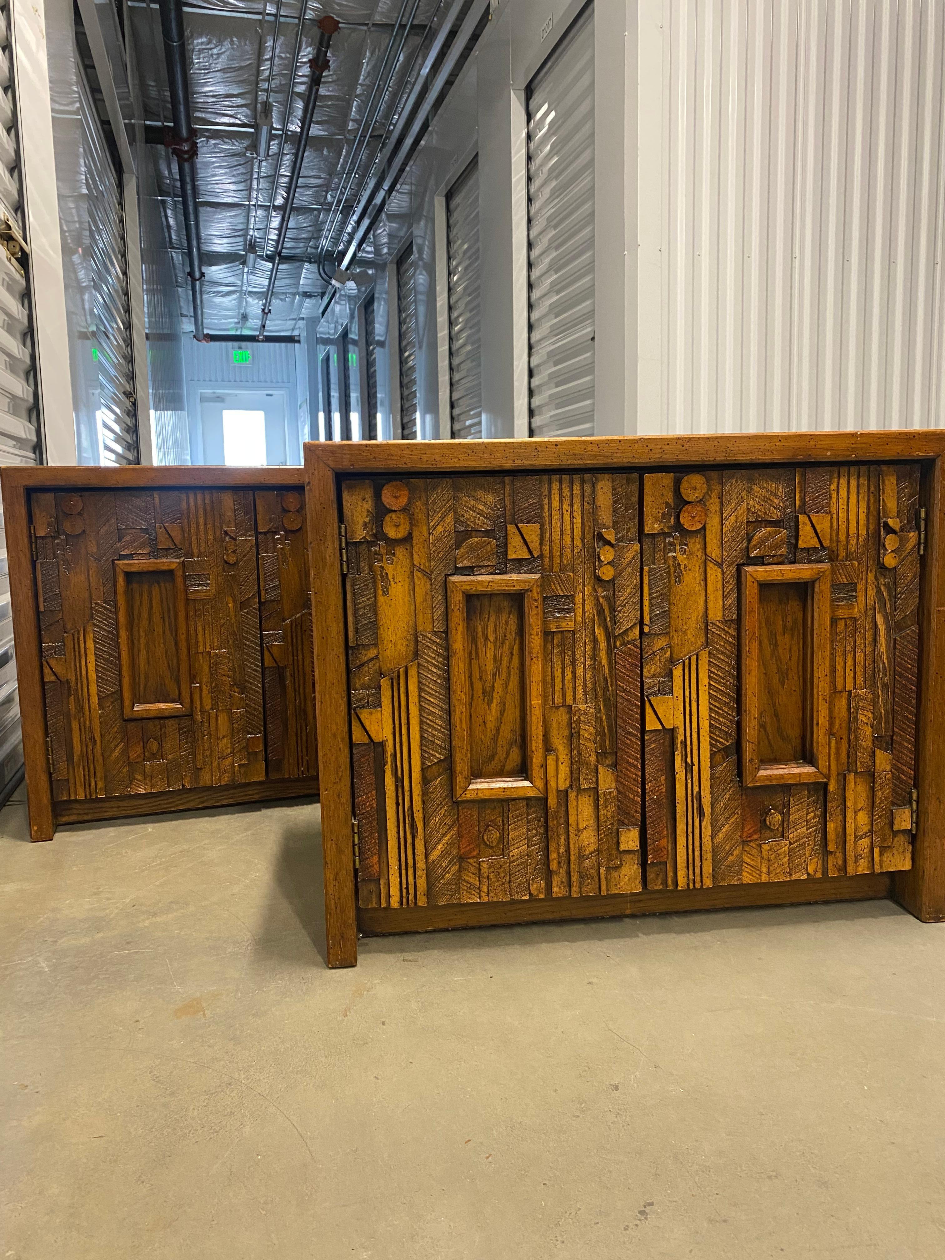 Beautiful mid-century brutalist nightstands by lane furniture. The design on these pieces is stunning. I have all the pieces to this bedroom set to make a complete bedroom. Please see my page.