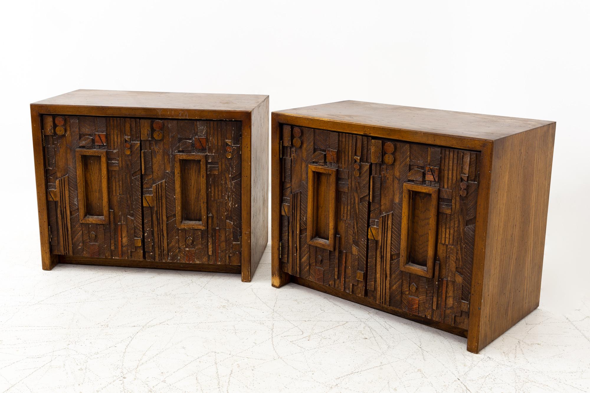 Paul Evans style Lane pueblo mid century Brutalist nightstands - set of 2
These nightstands are 28 wide x 16 deep x 22 inches high

All pieces of furniture can be had in what we call restored vintage condition. That means the piece is restored