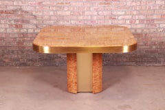 Paul Evans Style Mid-Century Burl Wood and Brass Extension Pedestal Dining Table