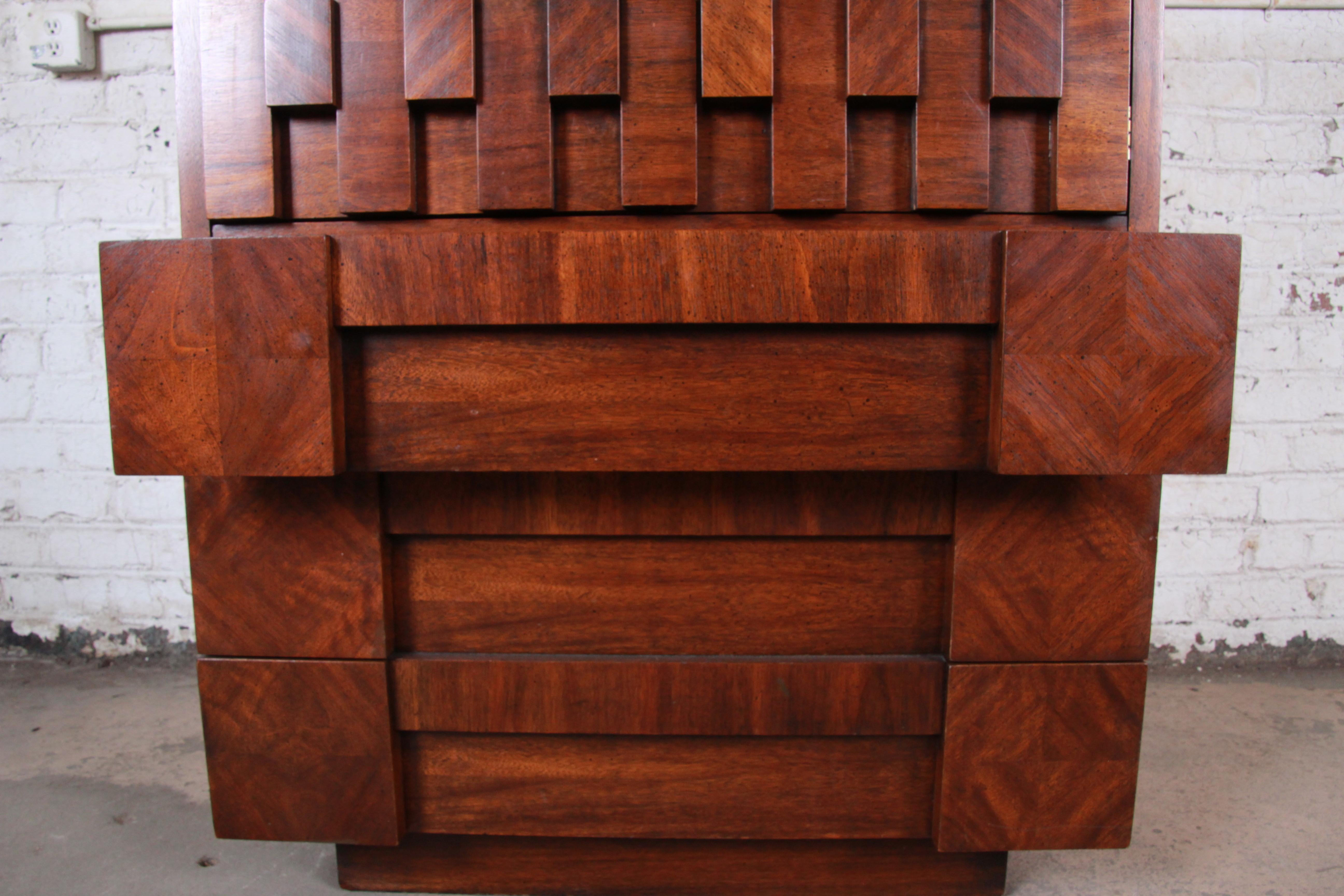 Late 20th Century Paul Evans Style Mid-Century Modern Brutalist Walnut Armoire Dresser by Lane