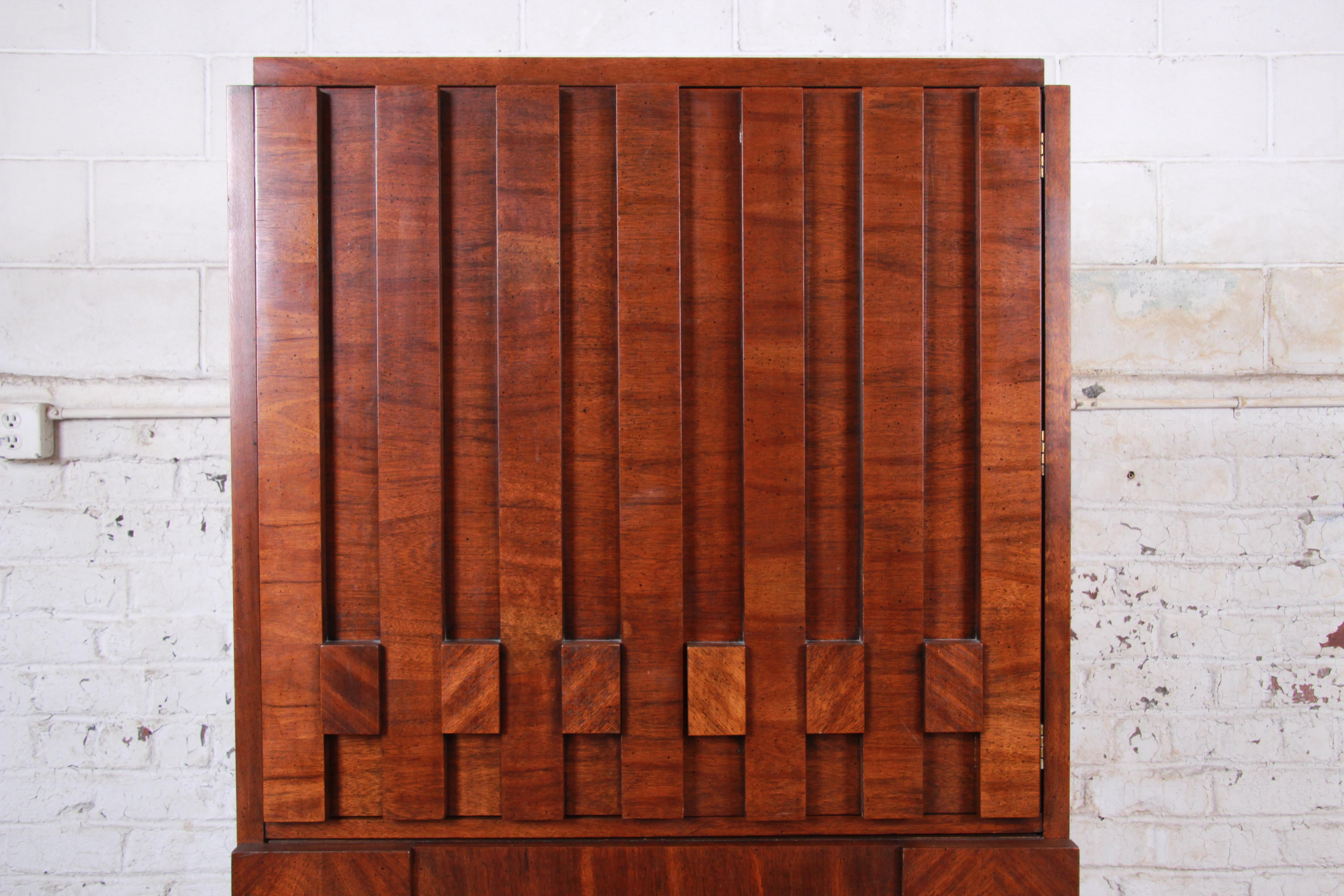 Paul Evans Style Mid-Century Modern Brutalist Walnut Armoire Dresser by Lane 1