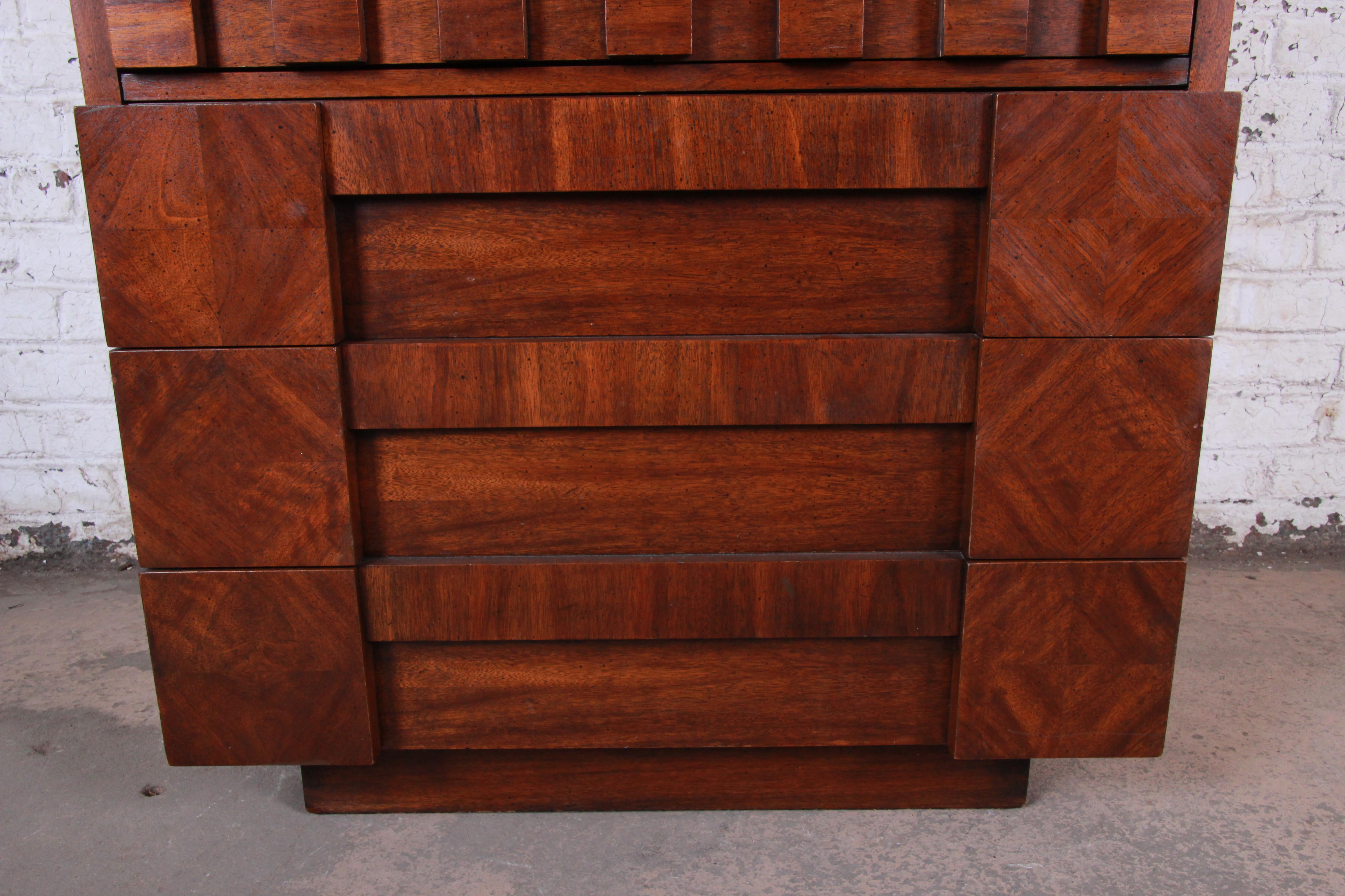 Paul Evans Style Mid-Century Modern Brutalist Walnut Armoire Dresser by Lane 2