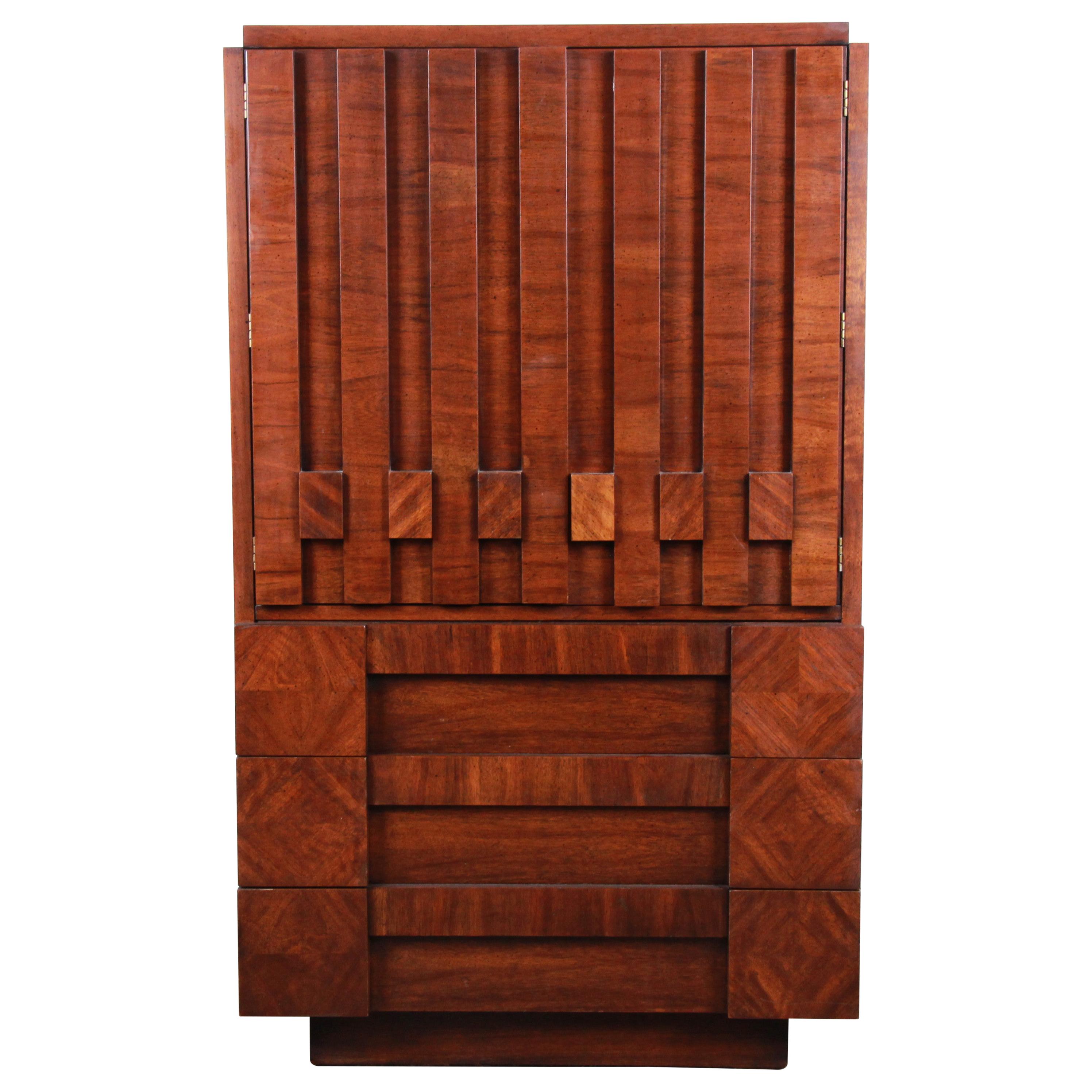 Paul Evans Style Mid-Century Modern Brutalist Walnut Armoire Dresser by Lane